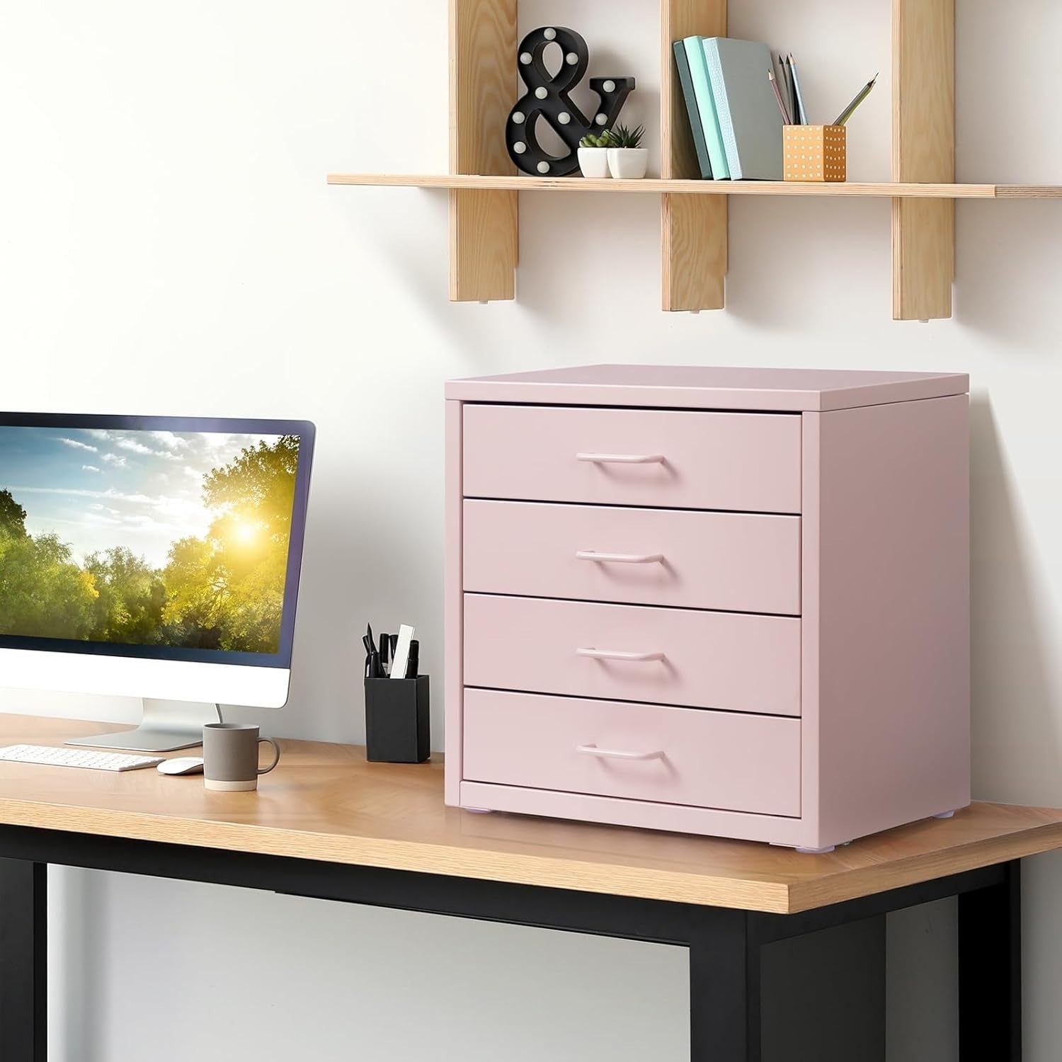 Pink Desktop A4 File Cabinet 4 Drawer Metal Office Storage Organizer