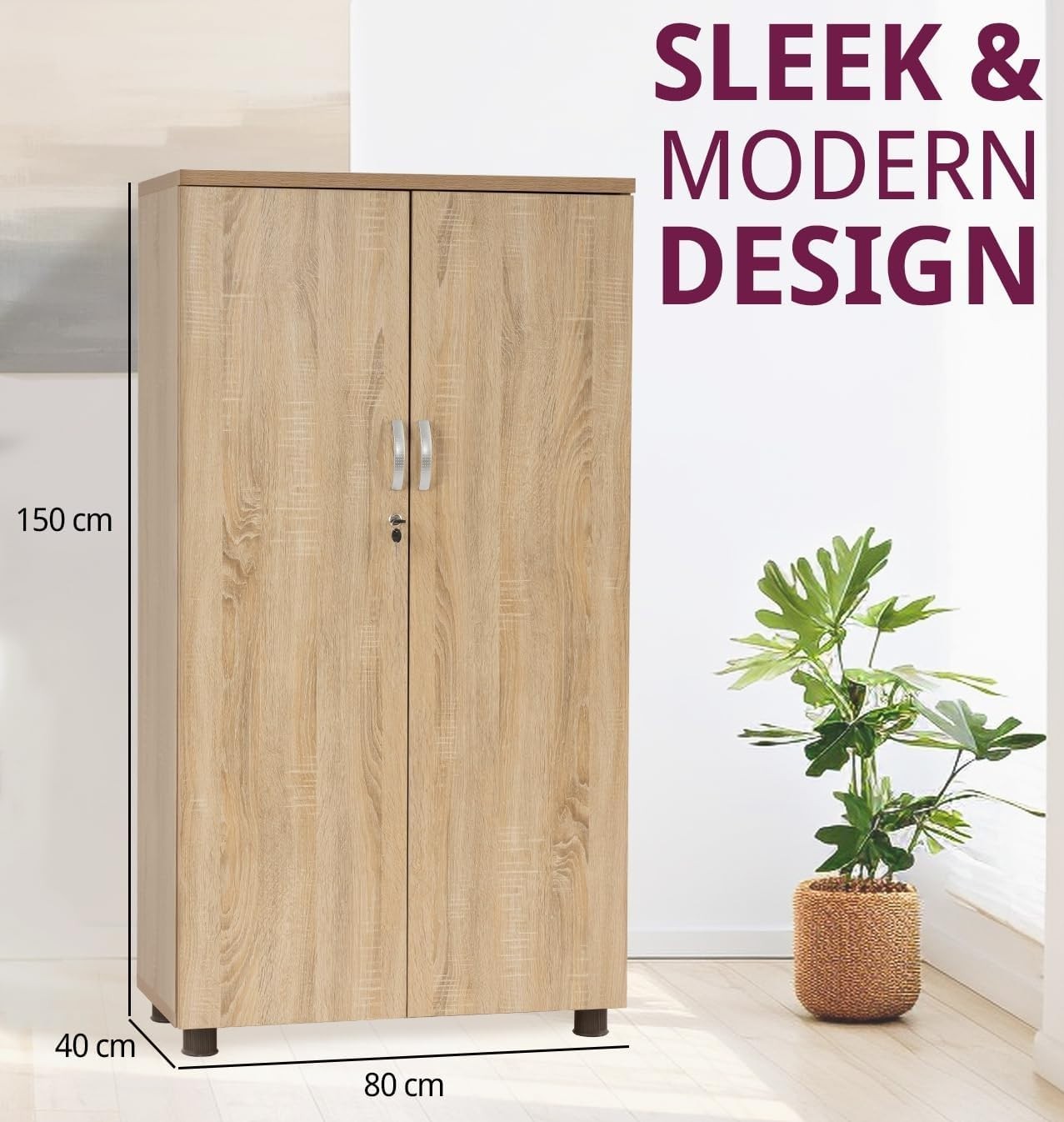 Tall Oak Effect Lockable Office Cupboard 4 Shelf Storage Cabinet