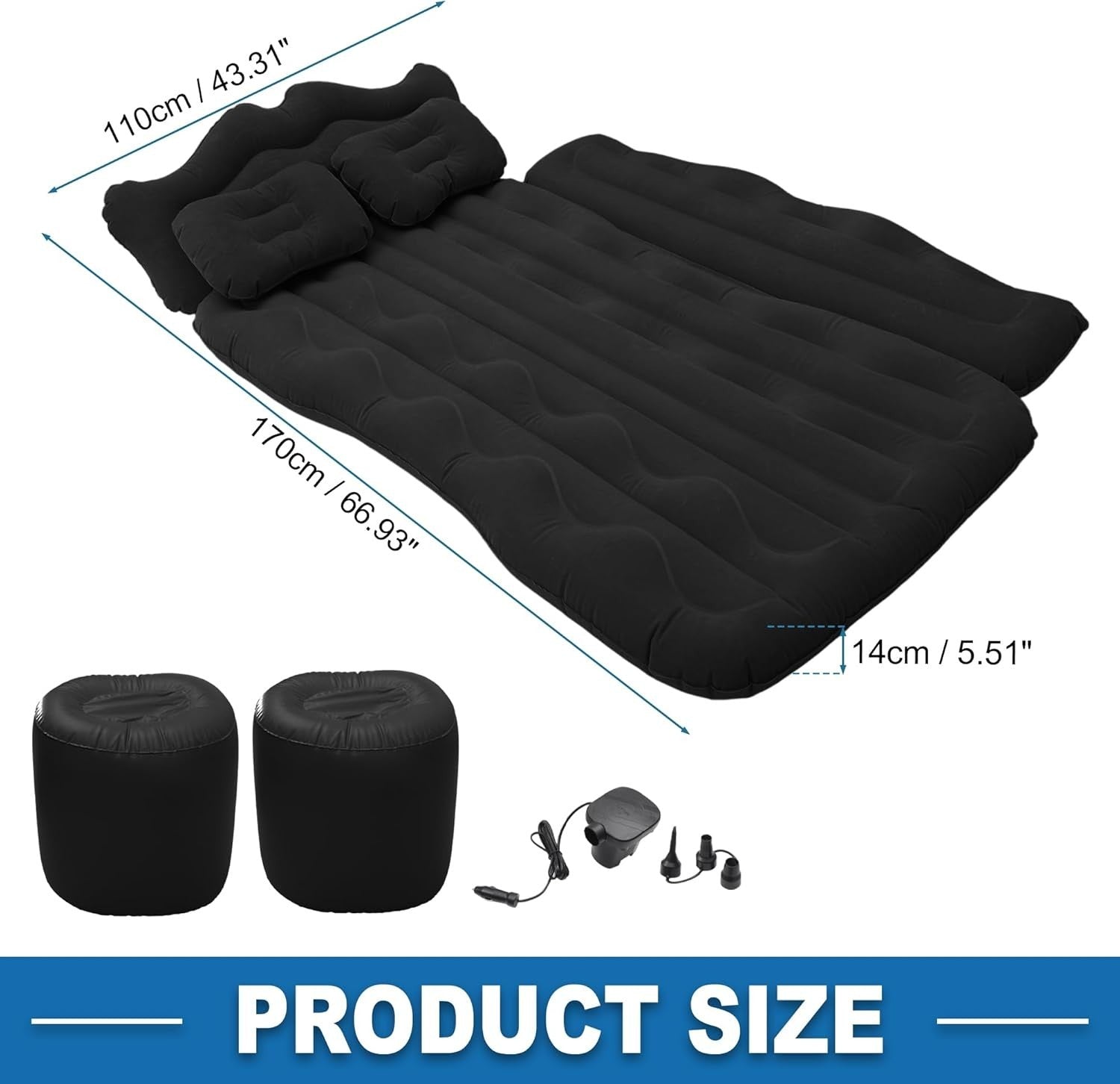 Car Air Mattress Back Seat Bed 170x110x14cm PVC Inflatable Travel Mat Black
