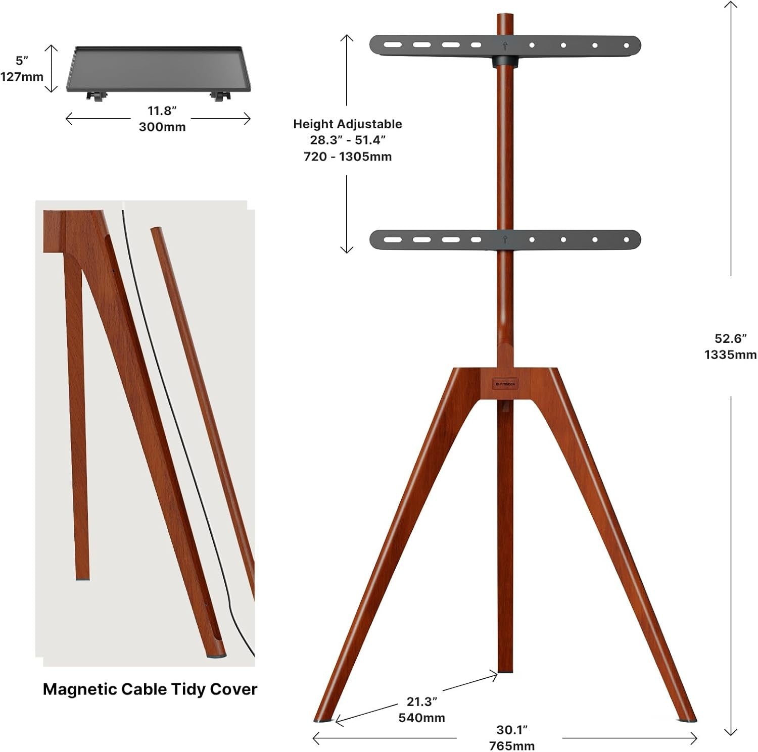 Wooden TV Stand Tripod 45–65” Adjustable Media Shelf Swivel Floor Mount