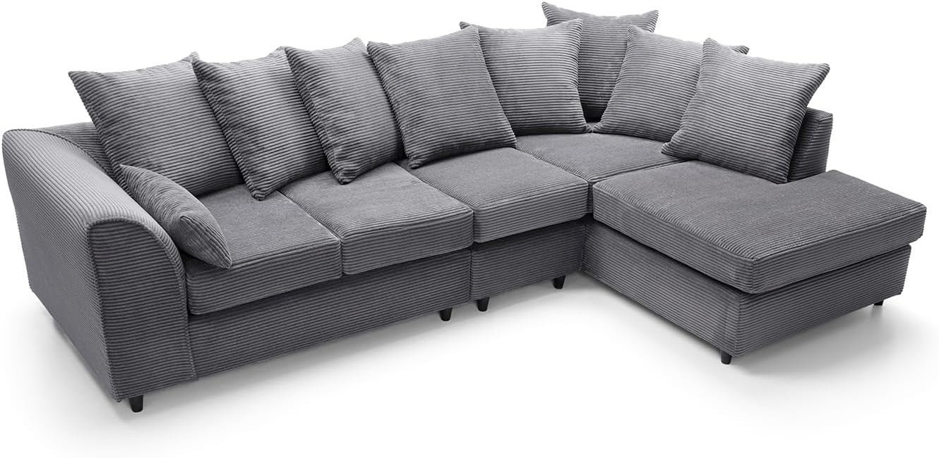 Luxury Jumbo 5-Seater L-Shape Sofa Grey Scatter Back Cushions Armrest