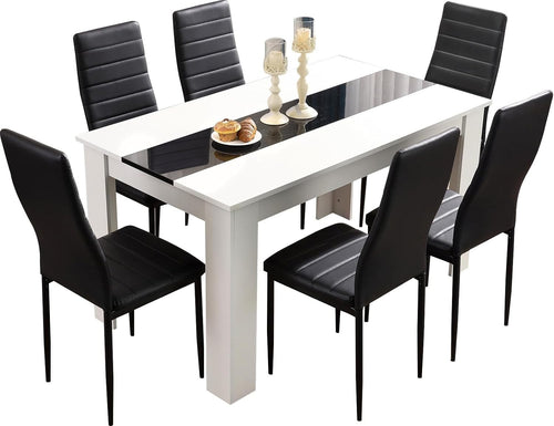 Modern Dining Table Set 6 PU Leather Chairs 140x80x75cm Kitchen Dining