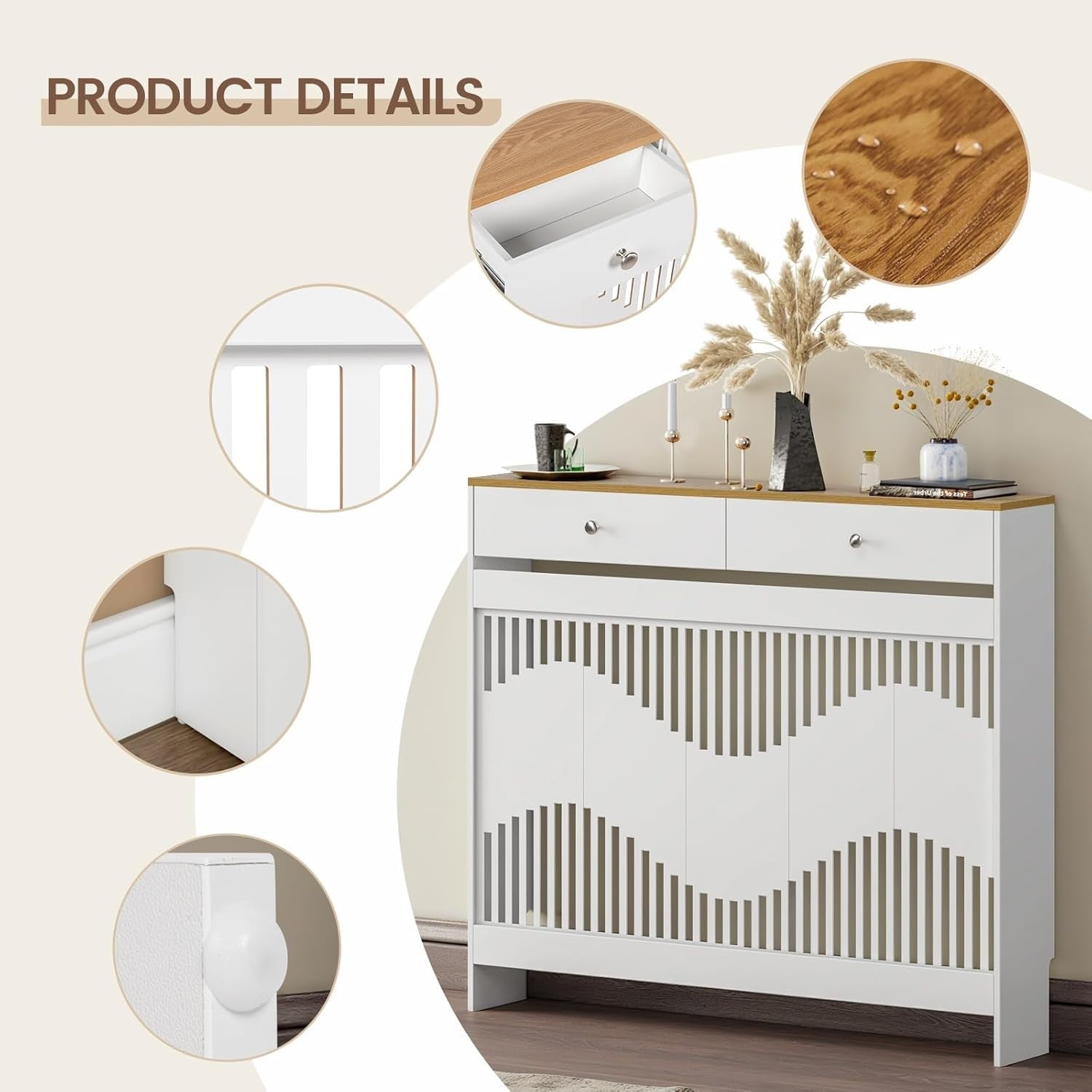 White Radiator Cover Cabinet with Drawers Modern MDF Storage Shelf, Medium