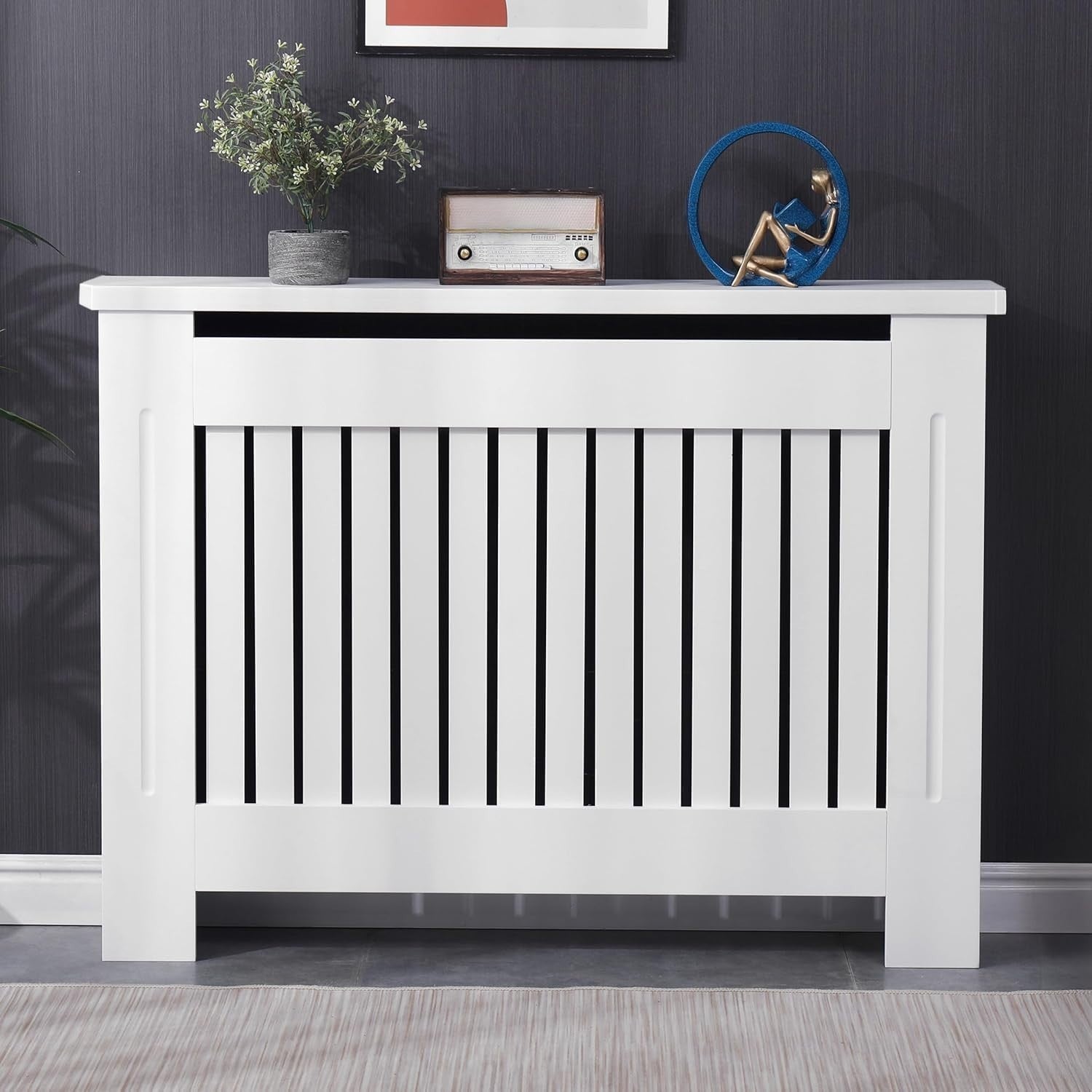 Medium White Radiator Cover | Modern MDF Slatted Cabinet with Shelf