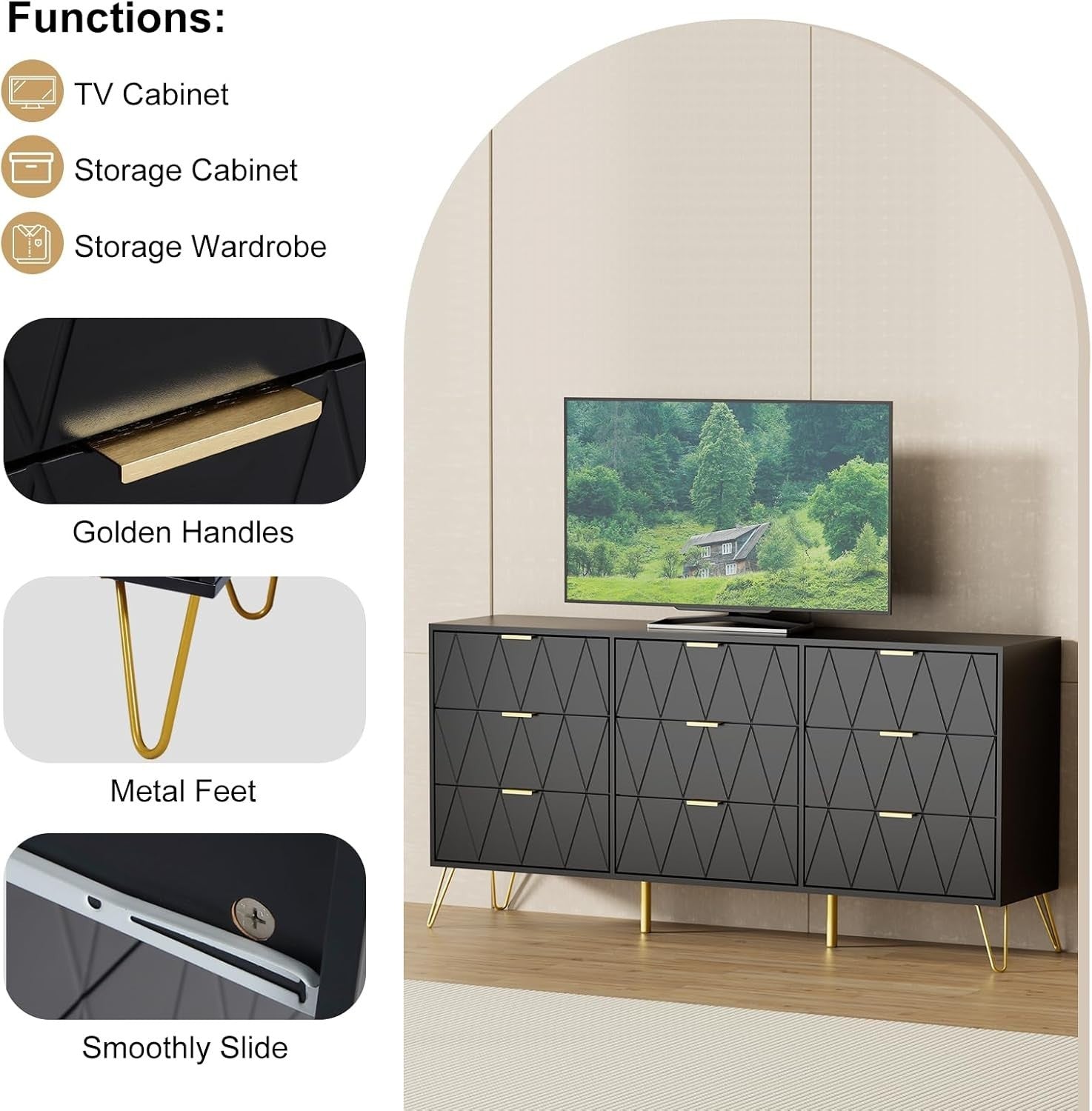 Black 9 Drawer Chest of Drawers Wide Modern Dresser Cabinet for Bedroom