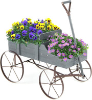 Grey Wooden Garden Wagon Planter Rustic Flower Pot Stand w/ Handle & Wheels