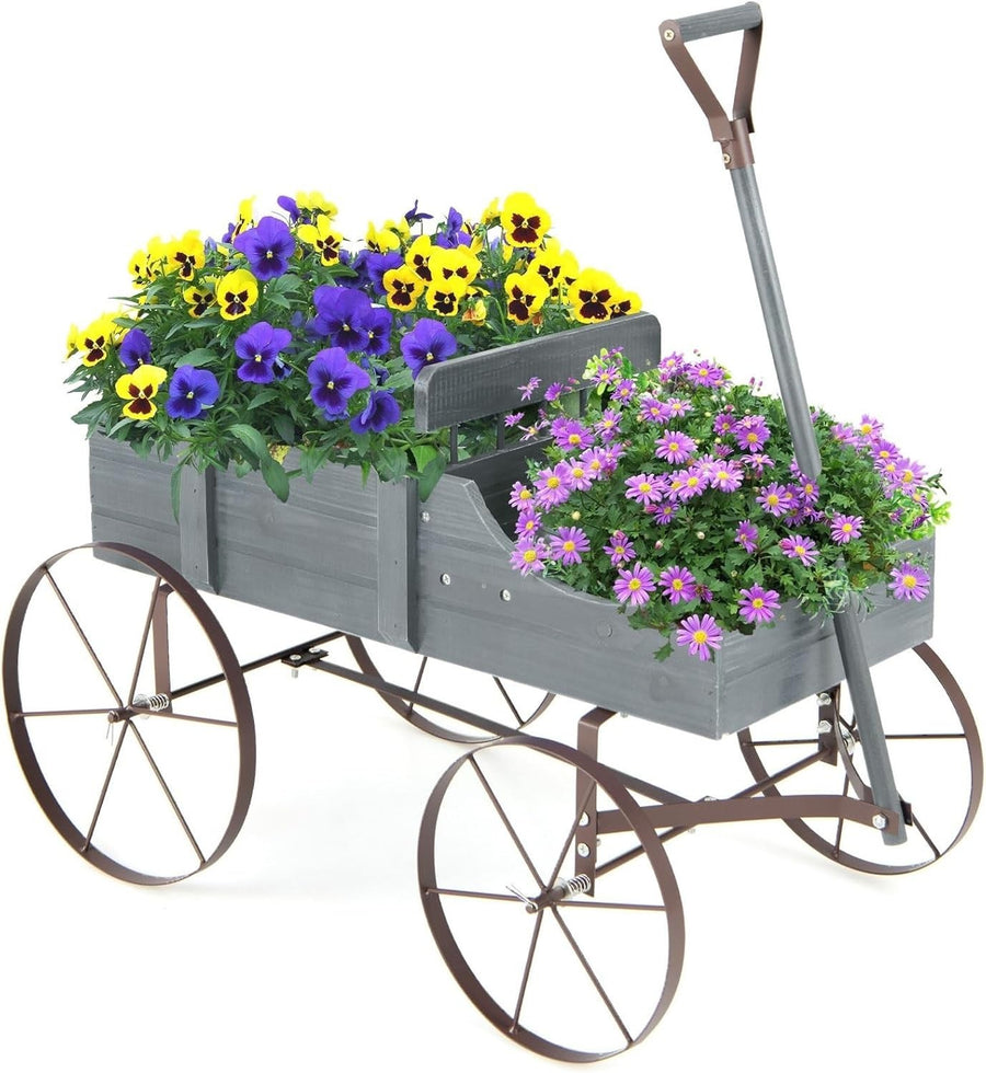 Grey Wooden Garden Wagon Planter Rustic Flower Pot Stand w/ Handle & Wheels