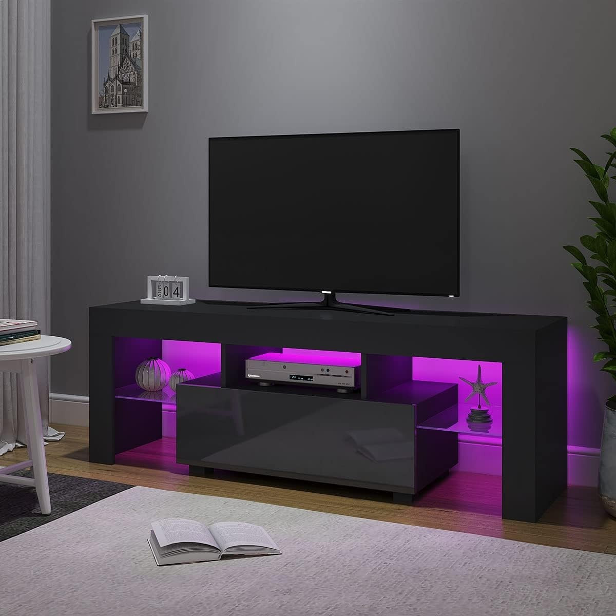 Modern LED TV Stand Cabinet for 32-55" TV RGB Lights Storage Drawer - Black