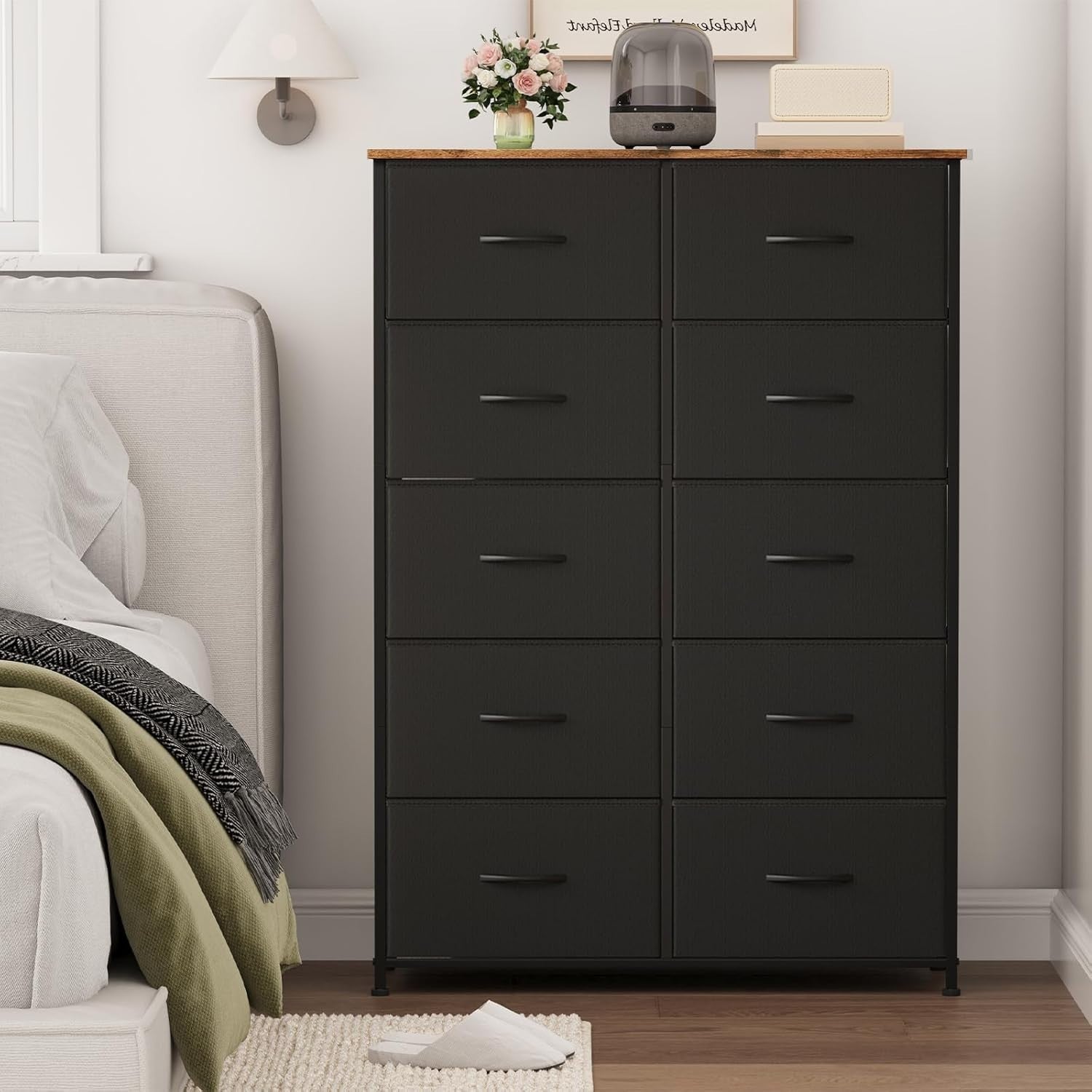Tall 10 Drawer Fabric Dresser Storage Cabinet Black Wood Bedroom Organizer