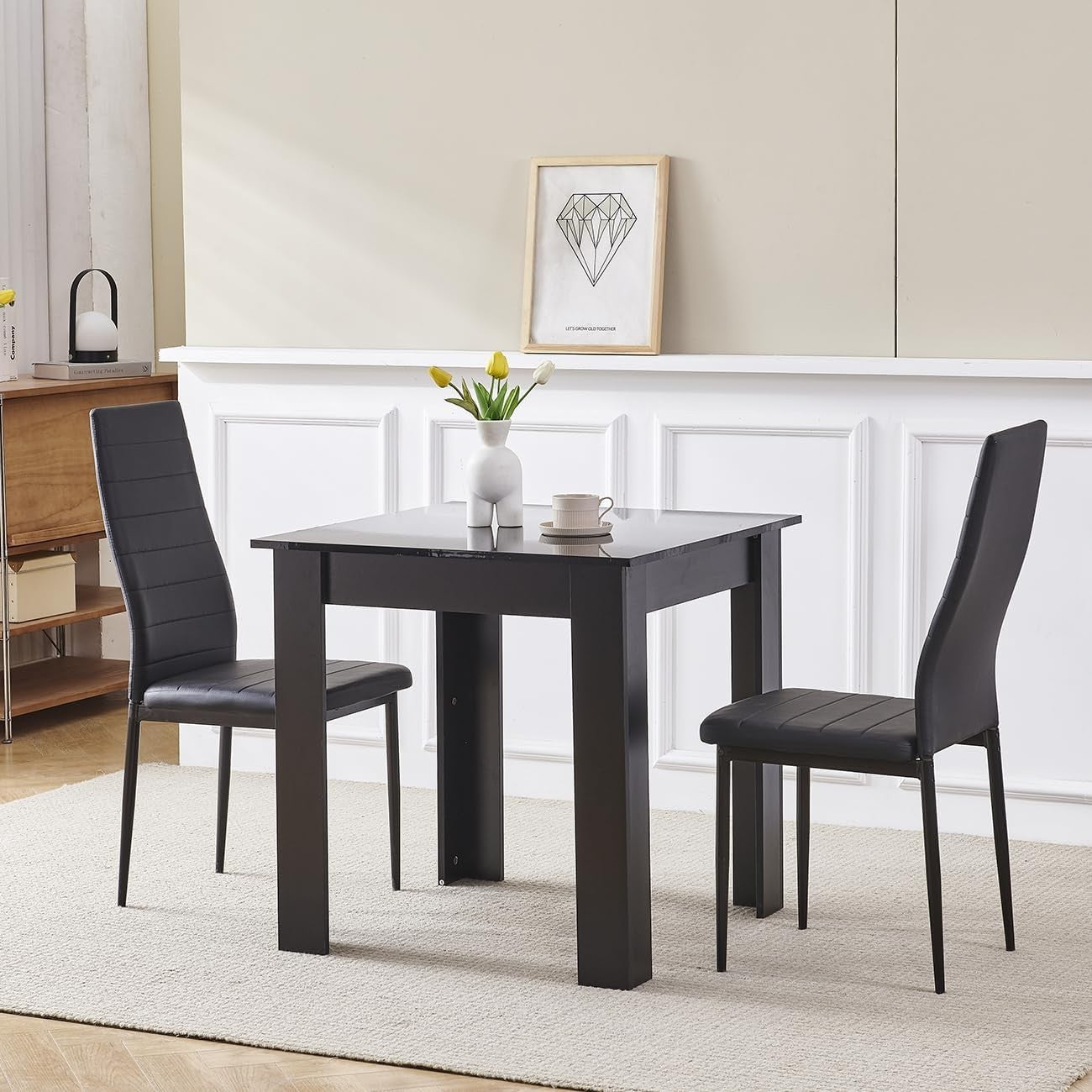 Space-Saving Black PU Chairs Square Wooden Table 3pc Compact Dining Set