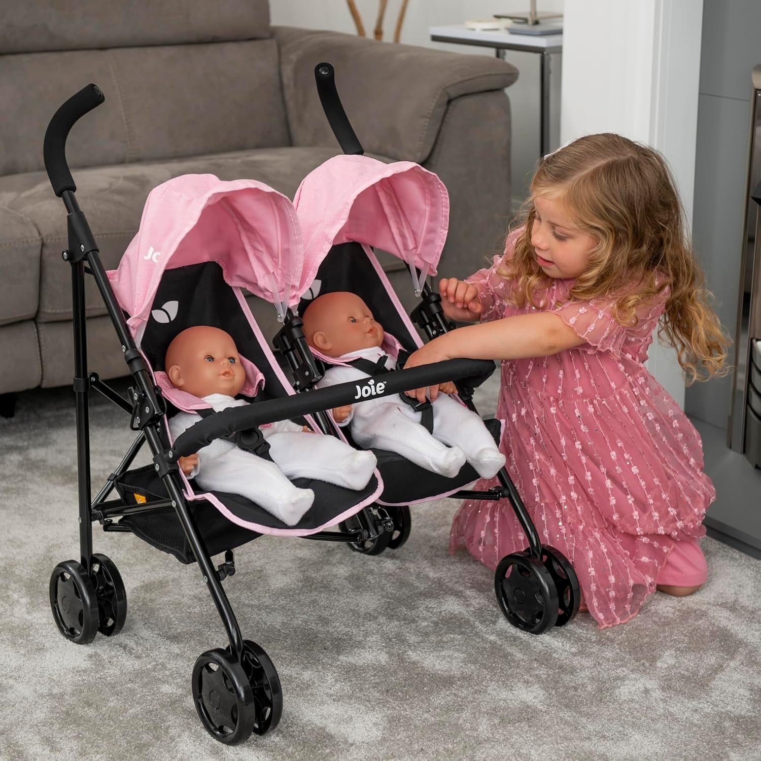 Twin Dolls Pushchair Toy Umbrella Fold, Double Buggy, Storage, Ages 3+