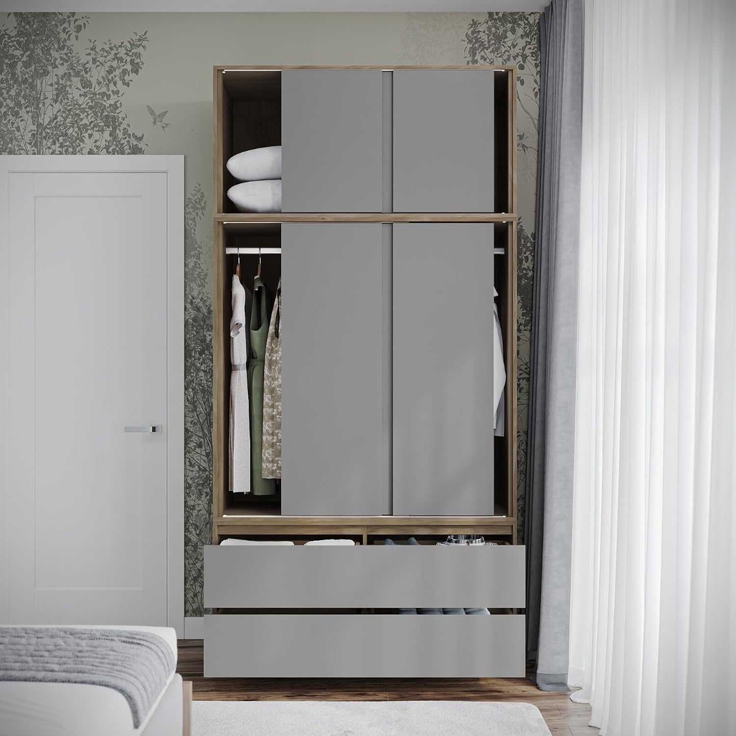 240cm Sliding Wardrobe Grey Doors 6 Door 4 Drawer Closet Storage Unit