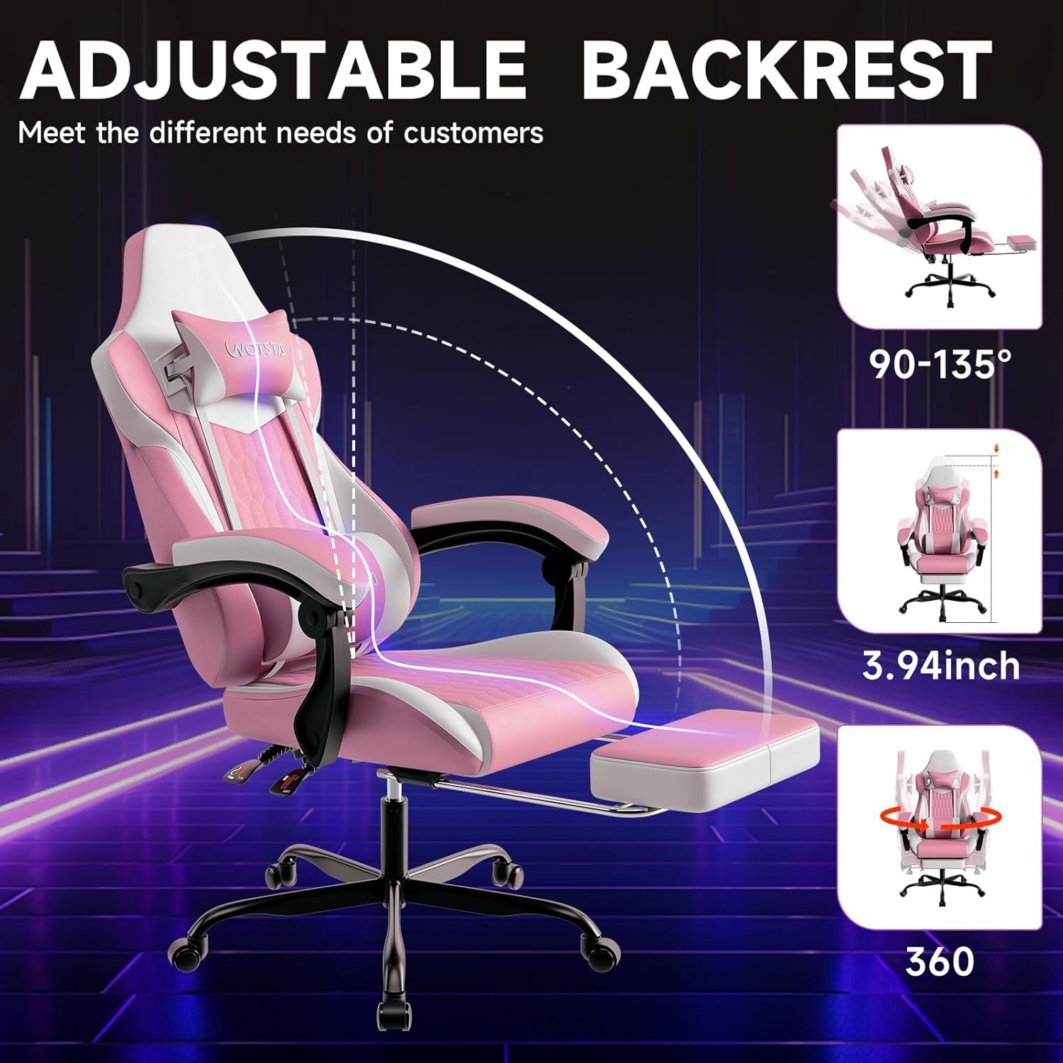 Gaming Chair with Footrest Ergonomic Reclining Pink White Seat