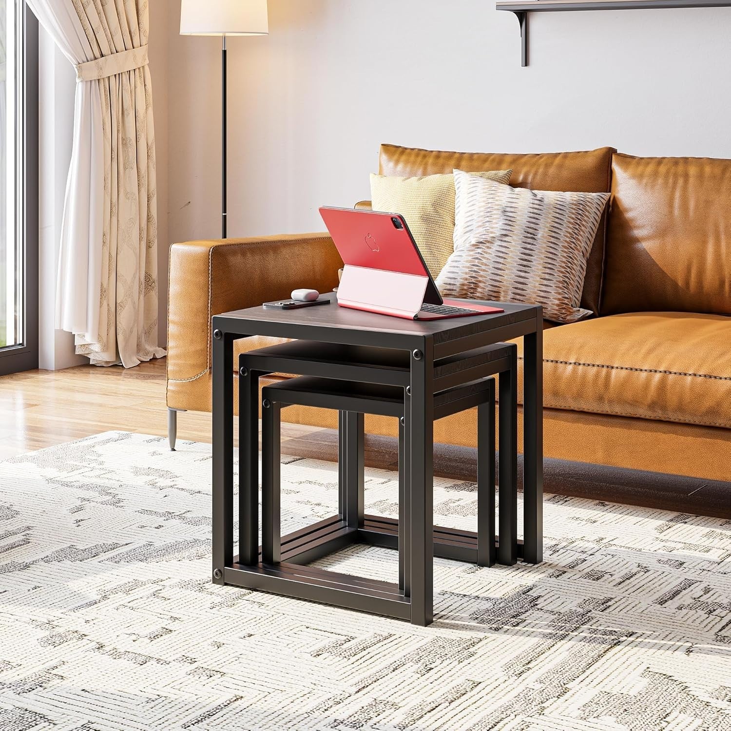 3 Black Nesting Coffee Tables Set of 3 Rectangular Steel MDF Side End Table