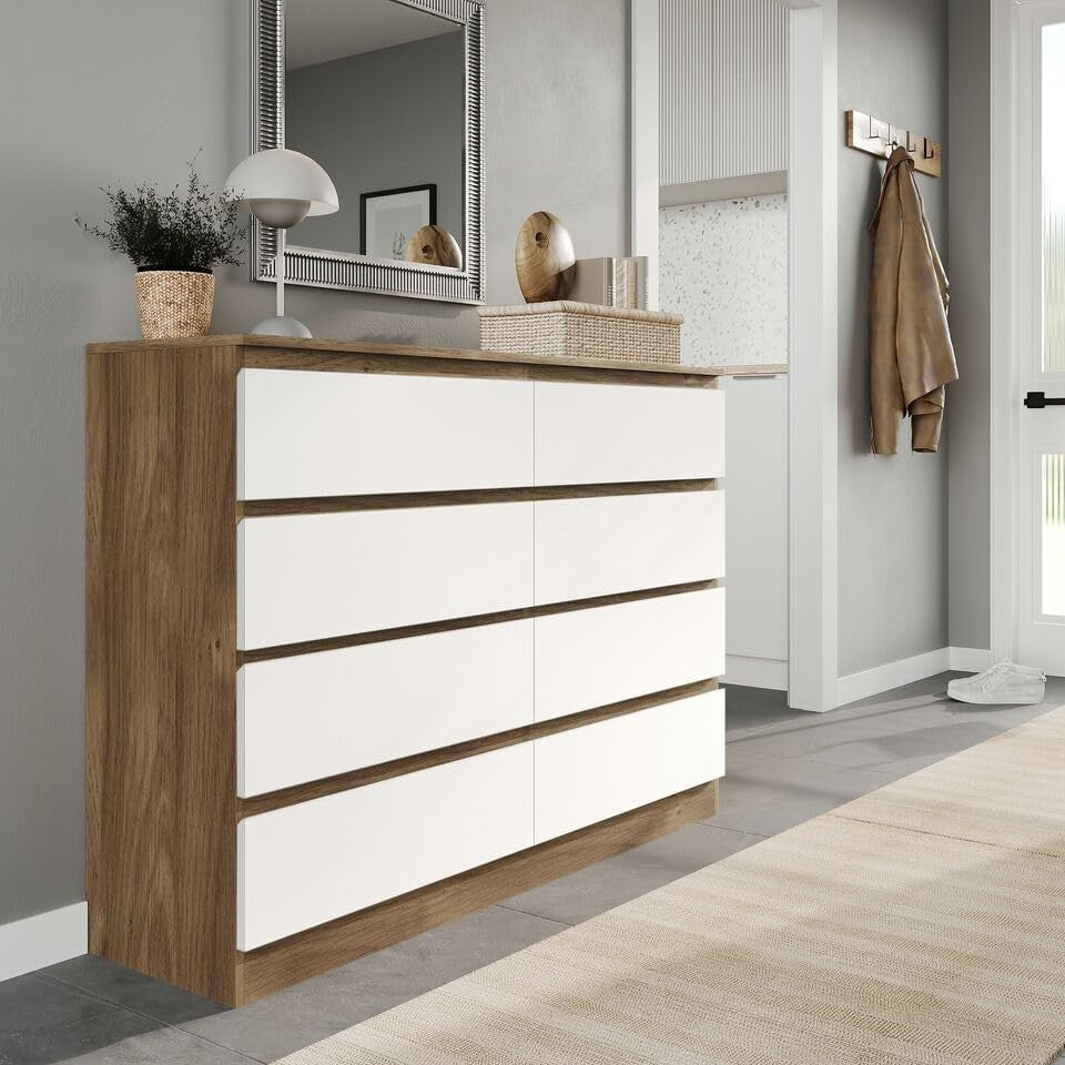 8 Drawer Chest Oak White Storage Cabinet for Bedroom Hallway Office