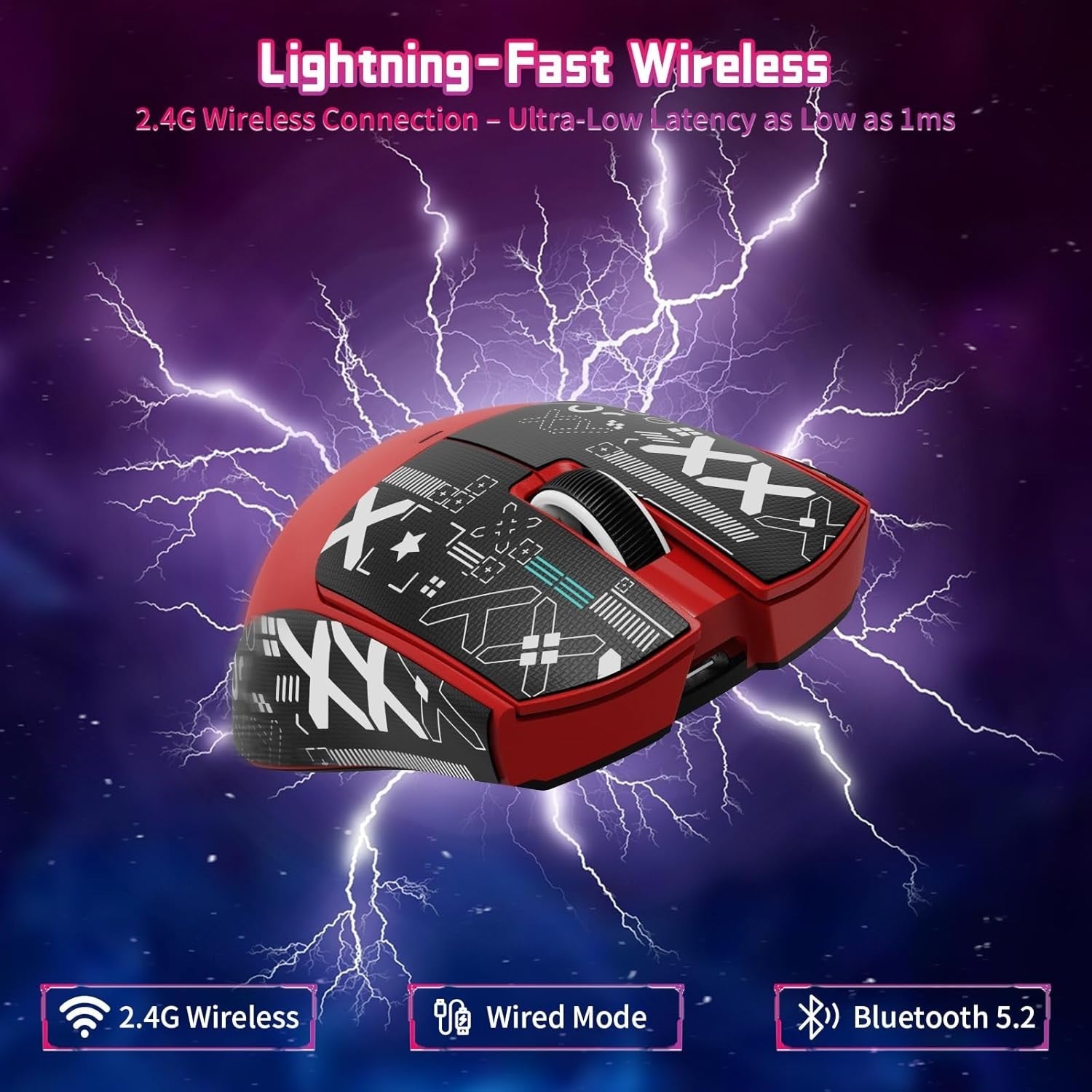 Wireless Gaming Mouse 22000 DPI 65H BT 2.4G USB Red Grip