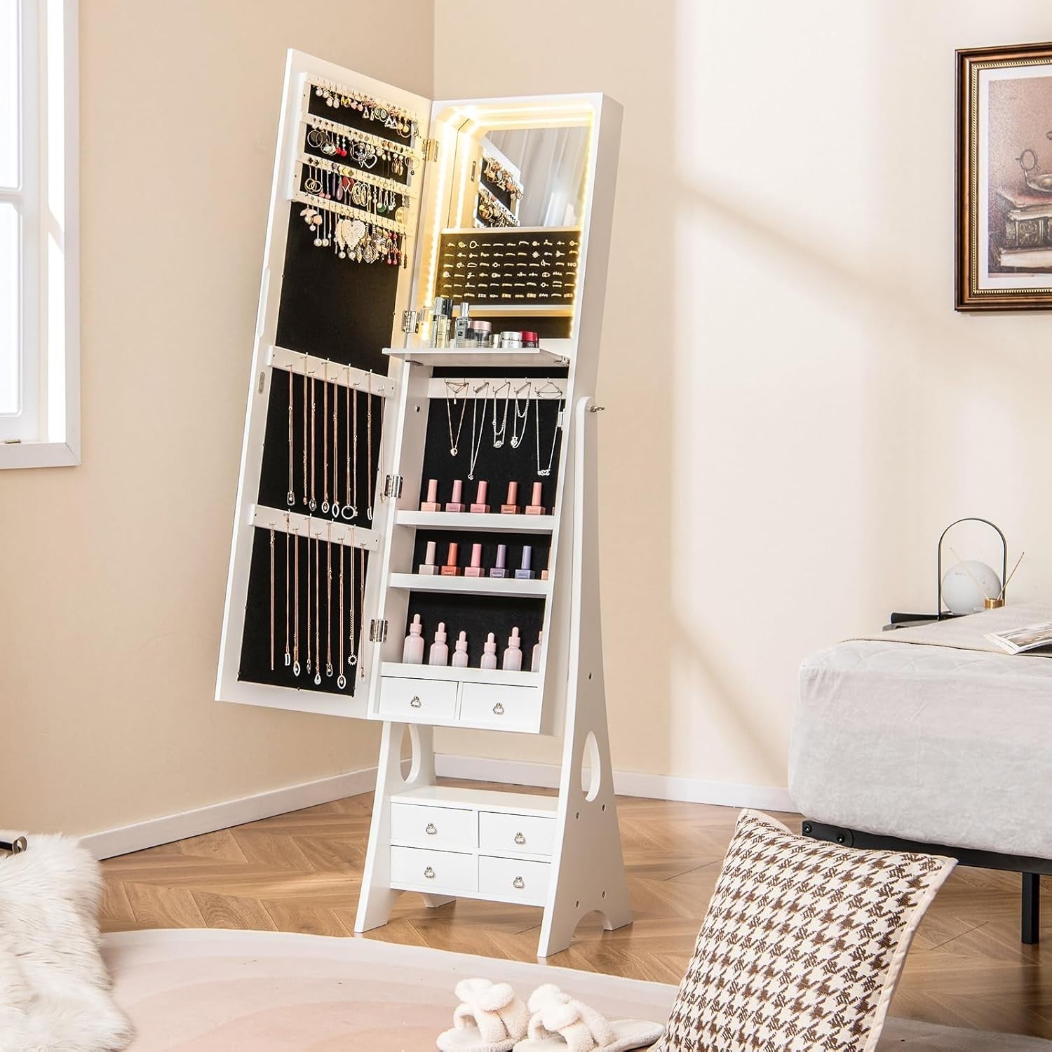 LED Jewelry Cabinet Full Length Mirror Freestanding Organizer with Drawers