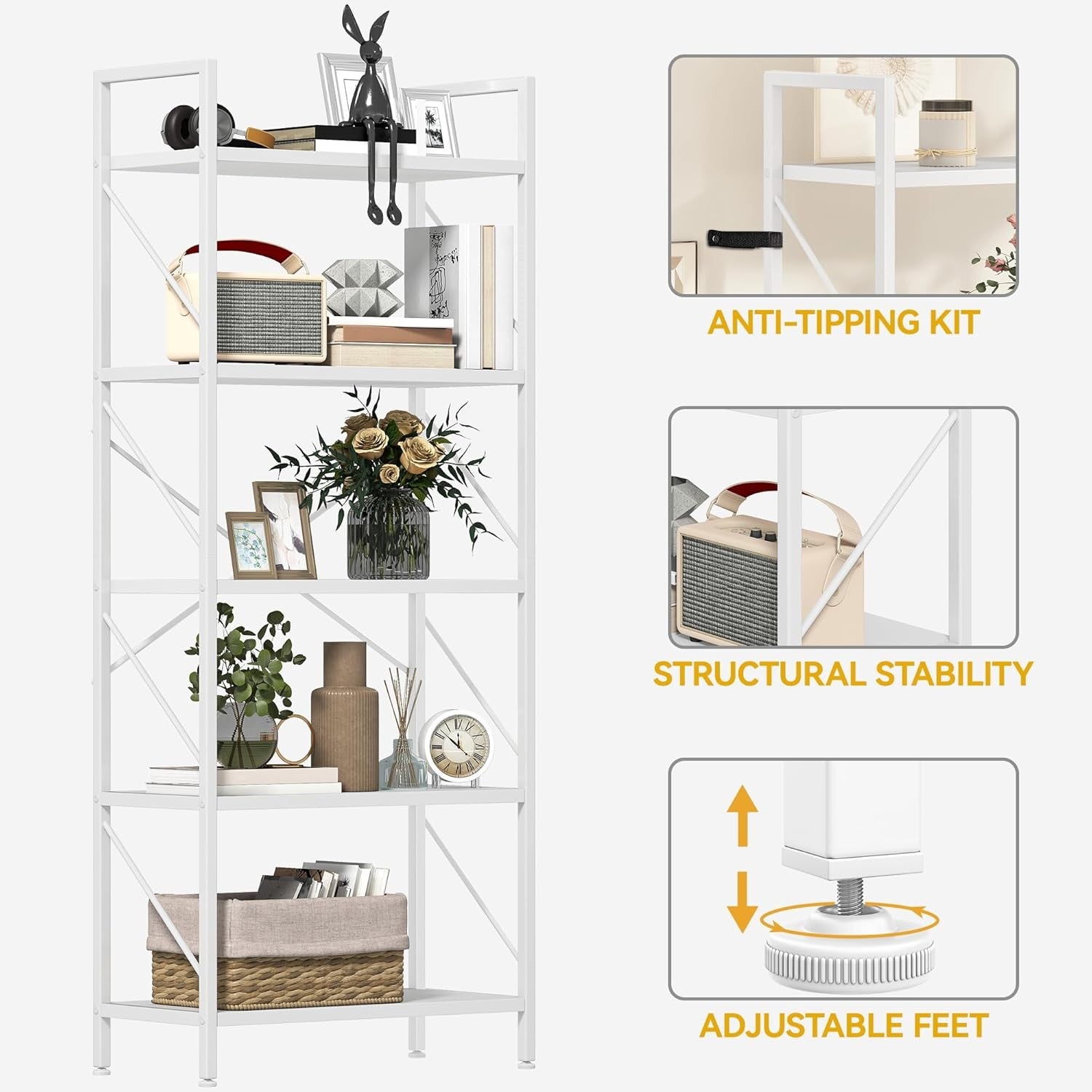 5-Tier White Industrial Bookshelf Metal Frame Wood Shelving Storage Unit