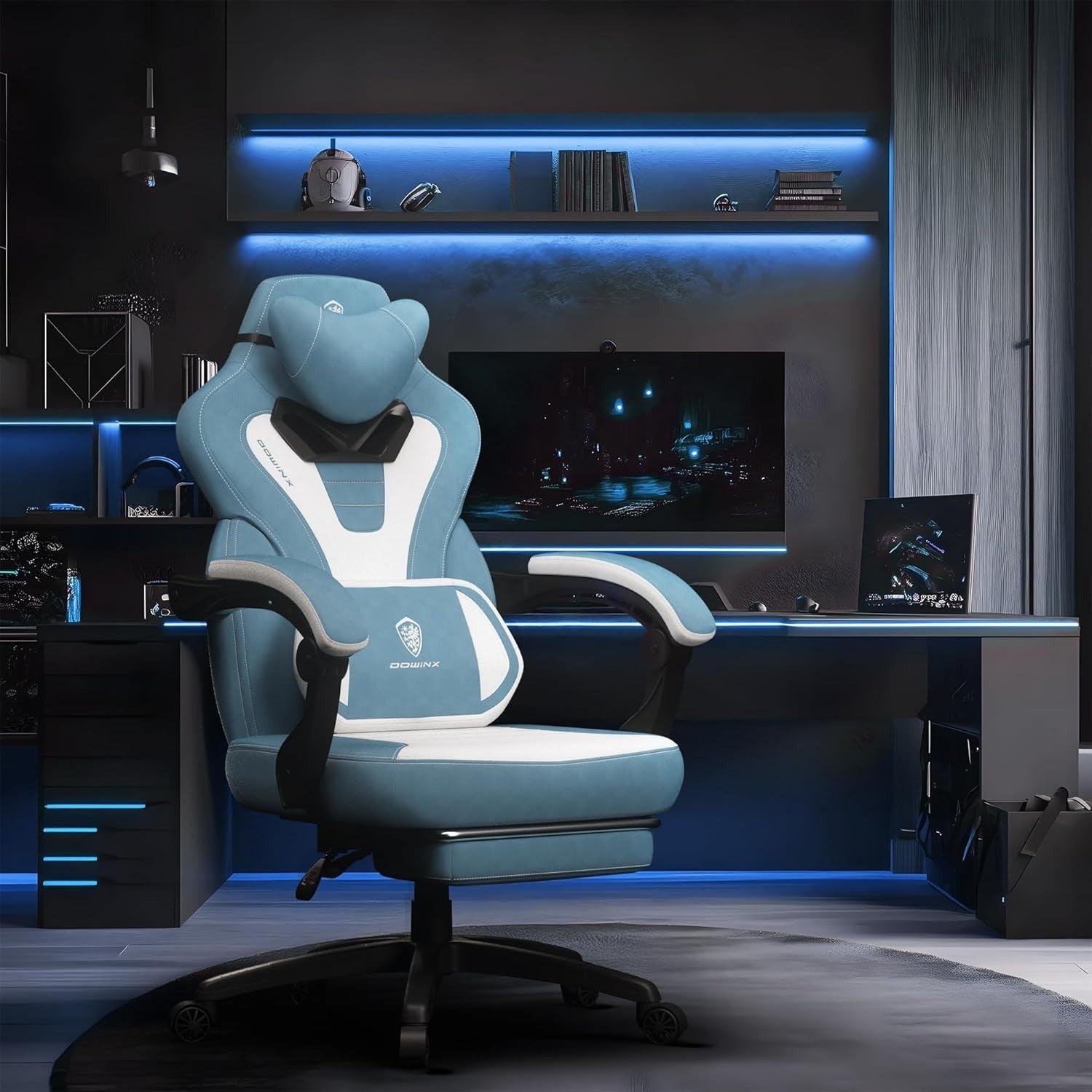 Gaming Chair Reclining Office Desk Chair Massage Footrest Blue White Fabric