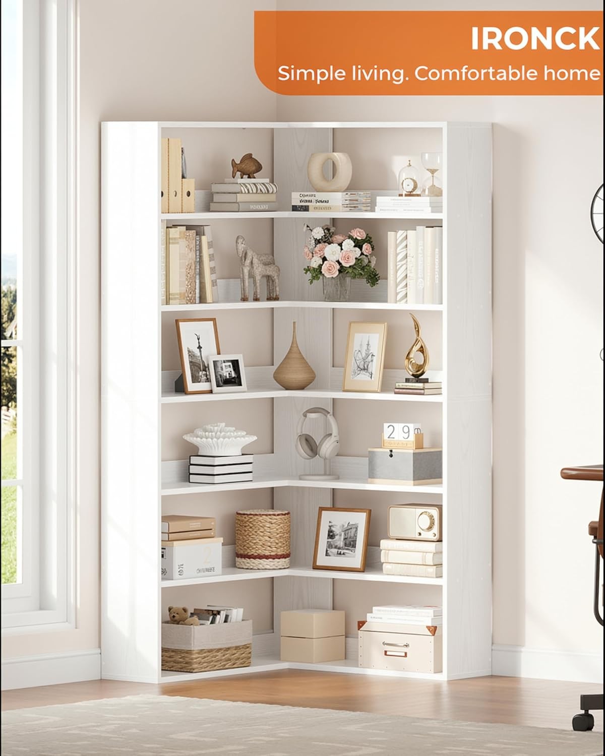 Tall White Corner Shelf Unit 6 Tier L-Shaped Bookcase Display Storage Rack