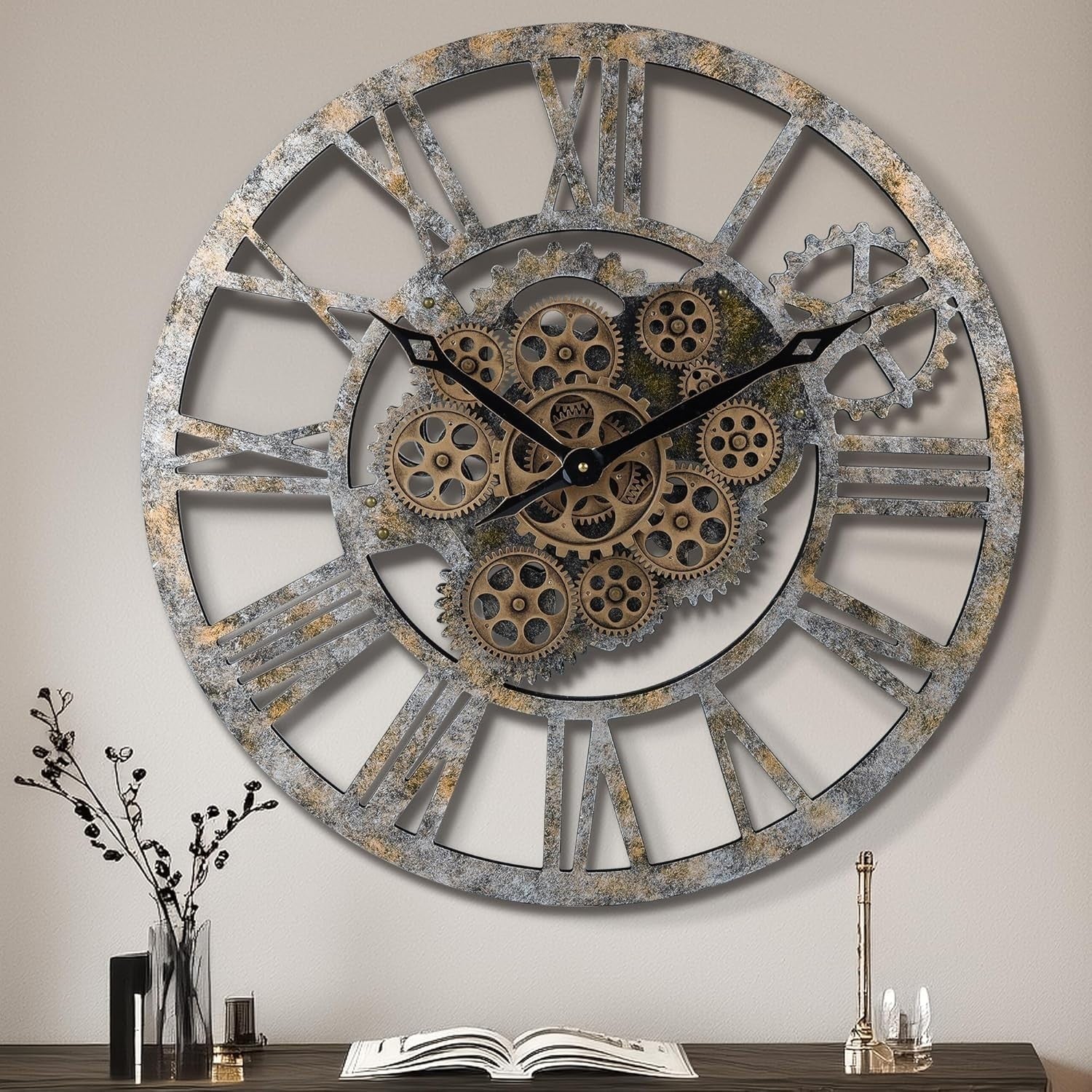 23" Wall Clock Rustic Bronze Gears Moving Steampunk Farmhouse Decor