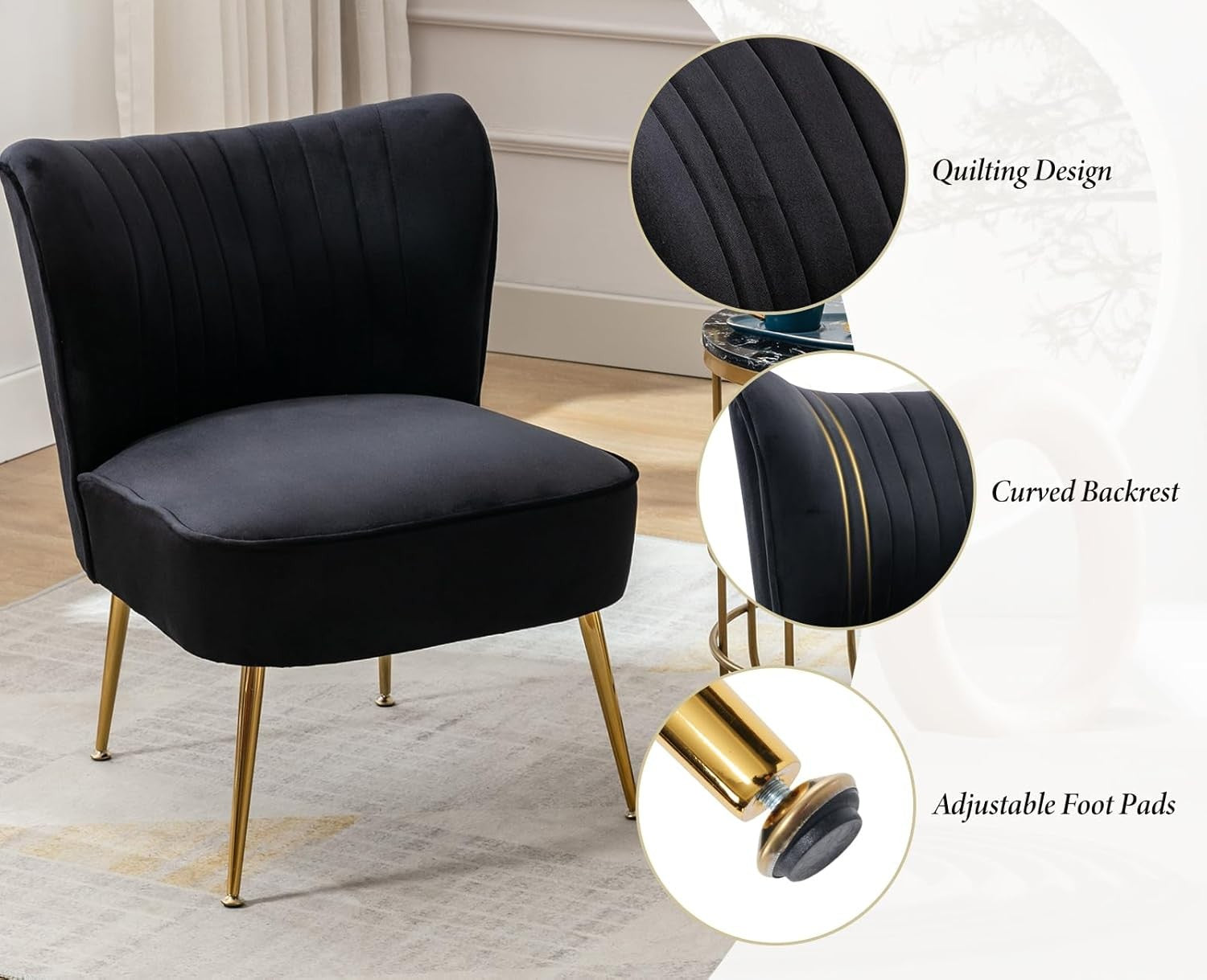Black Velvet Accent Chair Gold Metal Legs Lounge Tub Seat