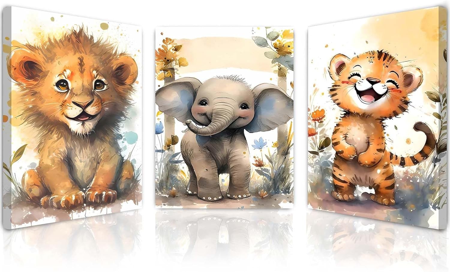 Cute Animal Canvas Wall Art Set of 3 Framed Prints 12x16 Kids Room Decor