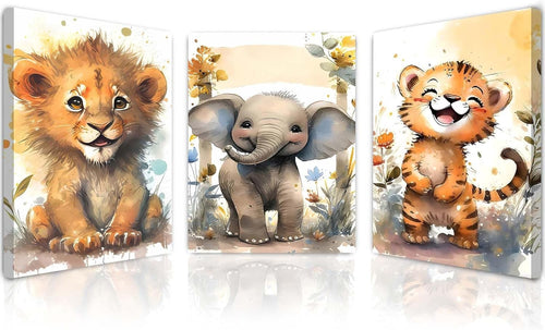 Cute Animal Canvas Wall Art Set of 3 Framed Prints 12x16 Kids Room Decor