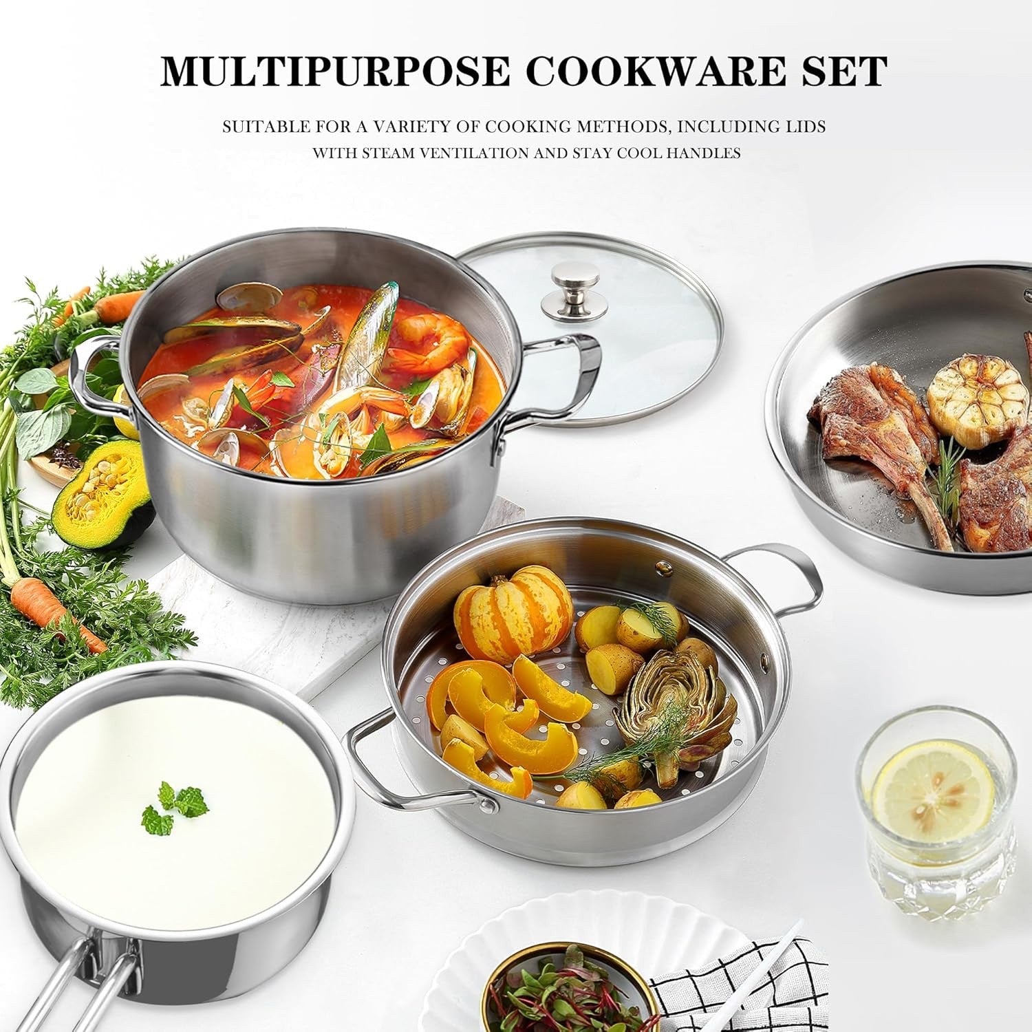 11pcs 3-ply Stainless Steel Cookware Set Induction Safe Pots & Pans with Lids