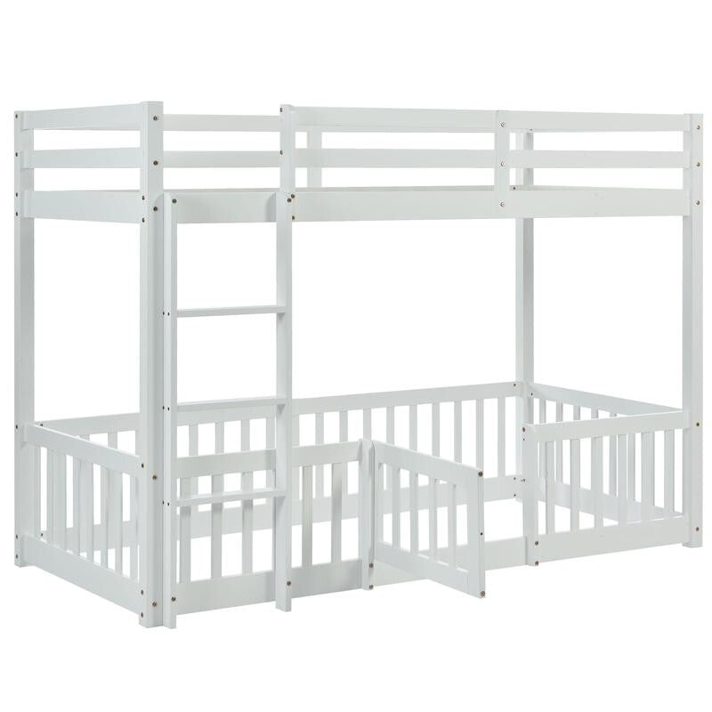 3FT White Kids Bunk Bed with Fence Door Solid Wood Frame Safety Ladder Playzone