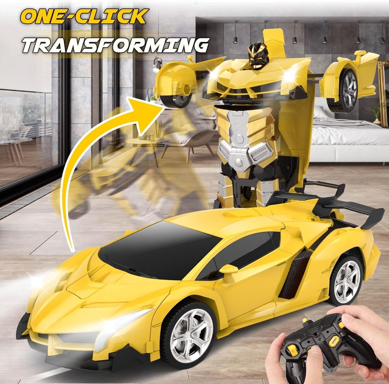 2-in-1 Yellow RC Transforming Robot Car 360° Spin Remote Control Toy for Kids