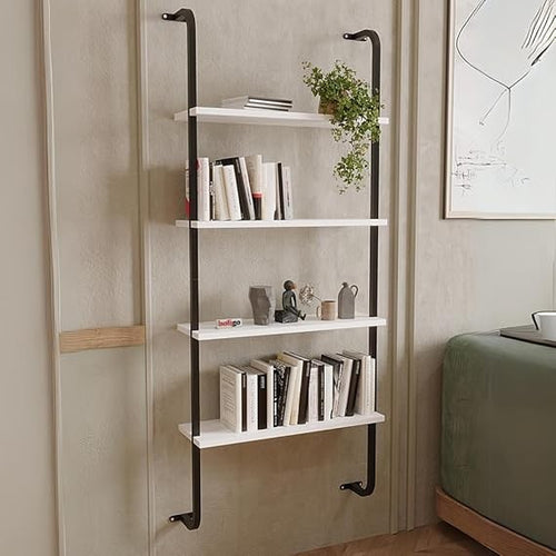 Modern Wall Mounted 4-Shelf Bookcase with Metal Frame – Space Saving Display