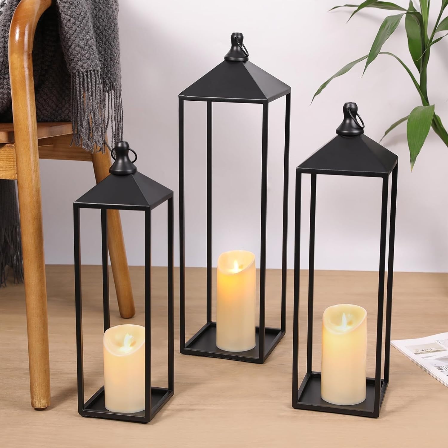 MATAHUM Set of 3 Black Metal Candle Lanterns 22'' 19'' 17'' Indoor Outdoor