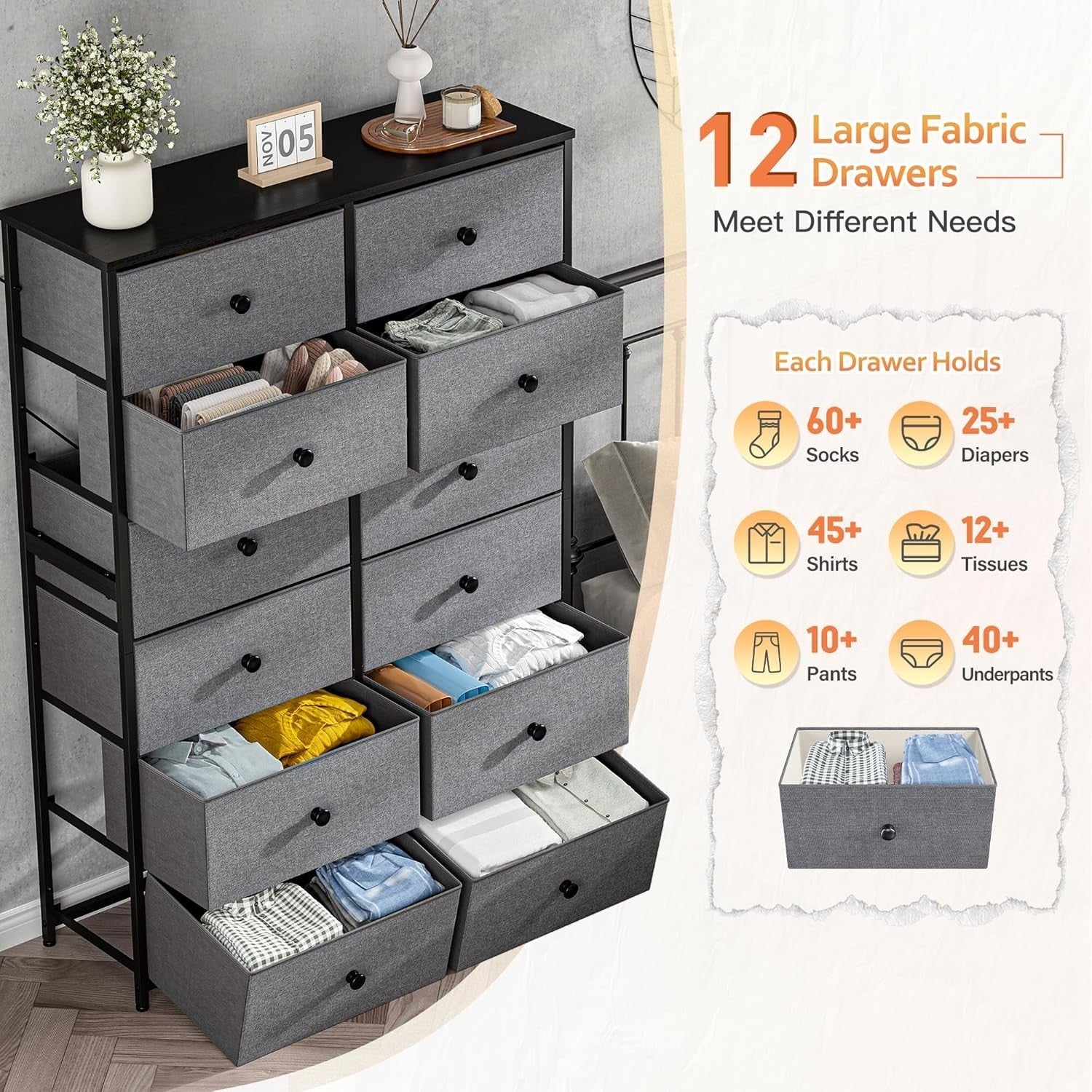 Tall 12 Drawer Chest Light Grey Fabric Storage Cabinet Metal Wood Frame