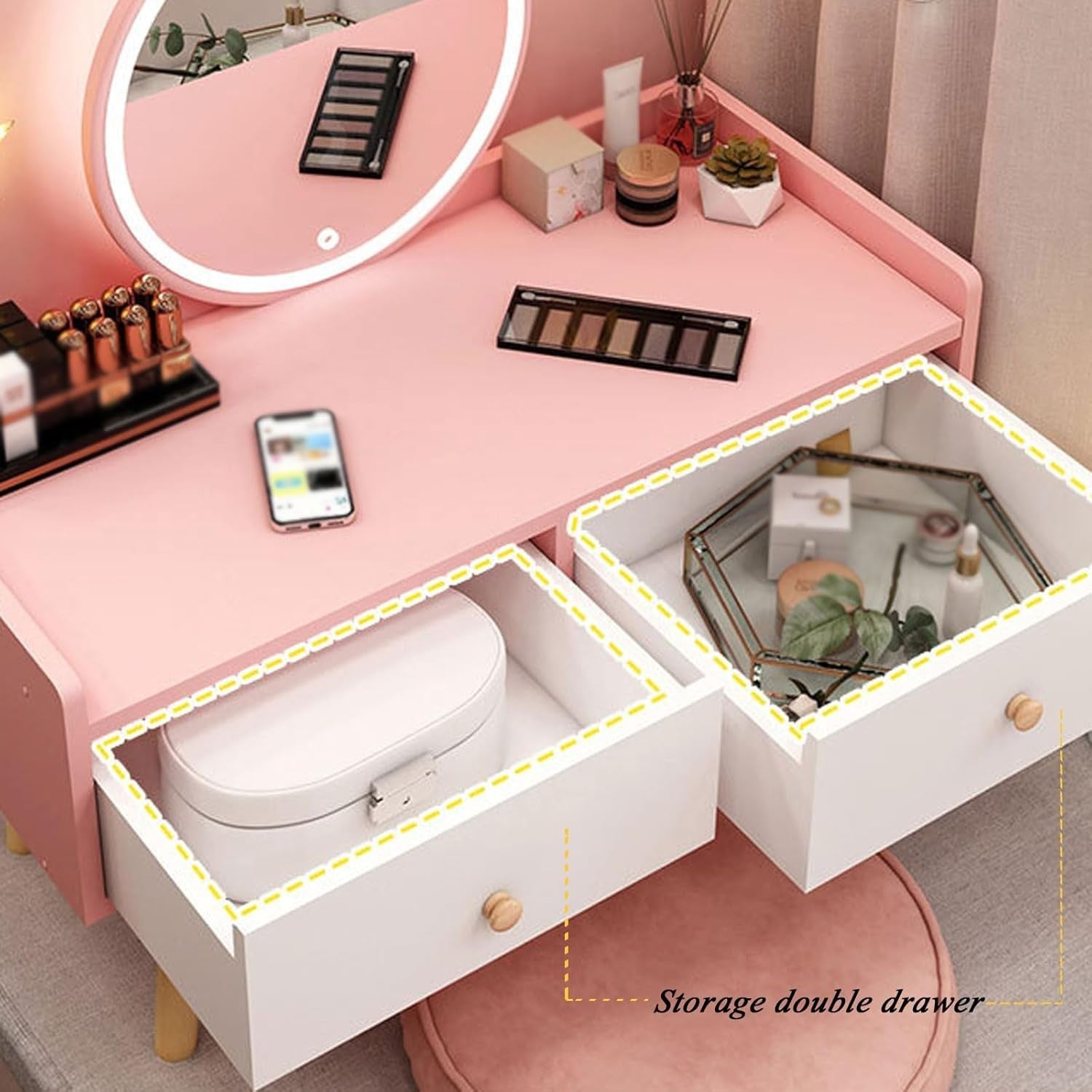 Pink Vanity Makeup Dressing Table Desk 2 Drawers Storage Bedroom Dormitory Decor