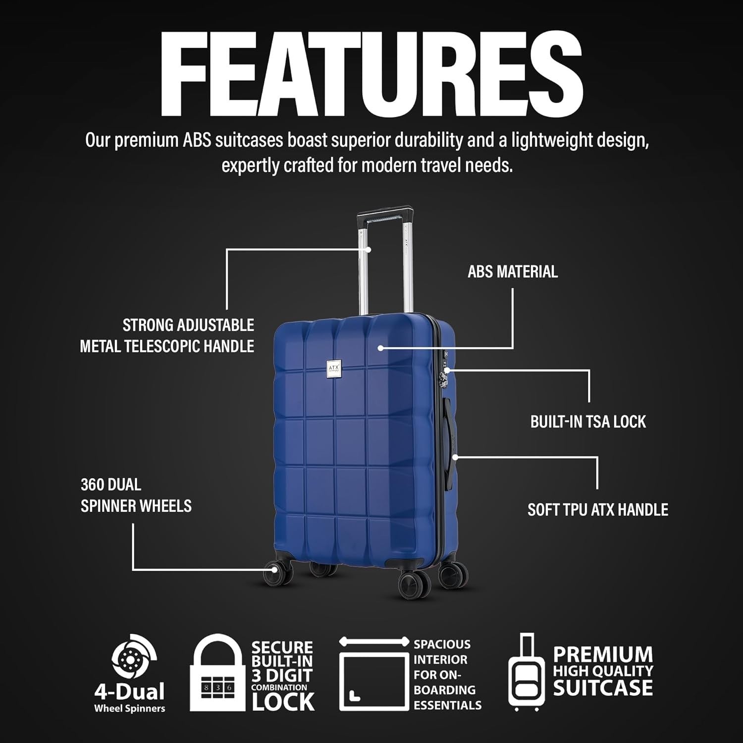 Medium Check-In Suitcase 65L Lightweight ABS Hard Shell with TSA Lock