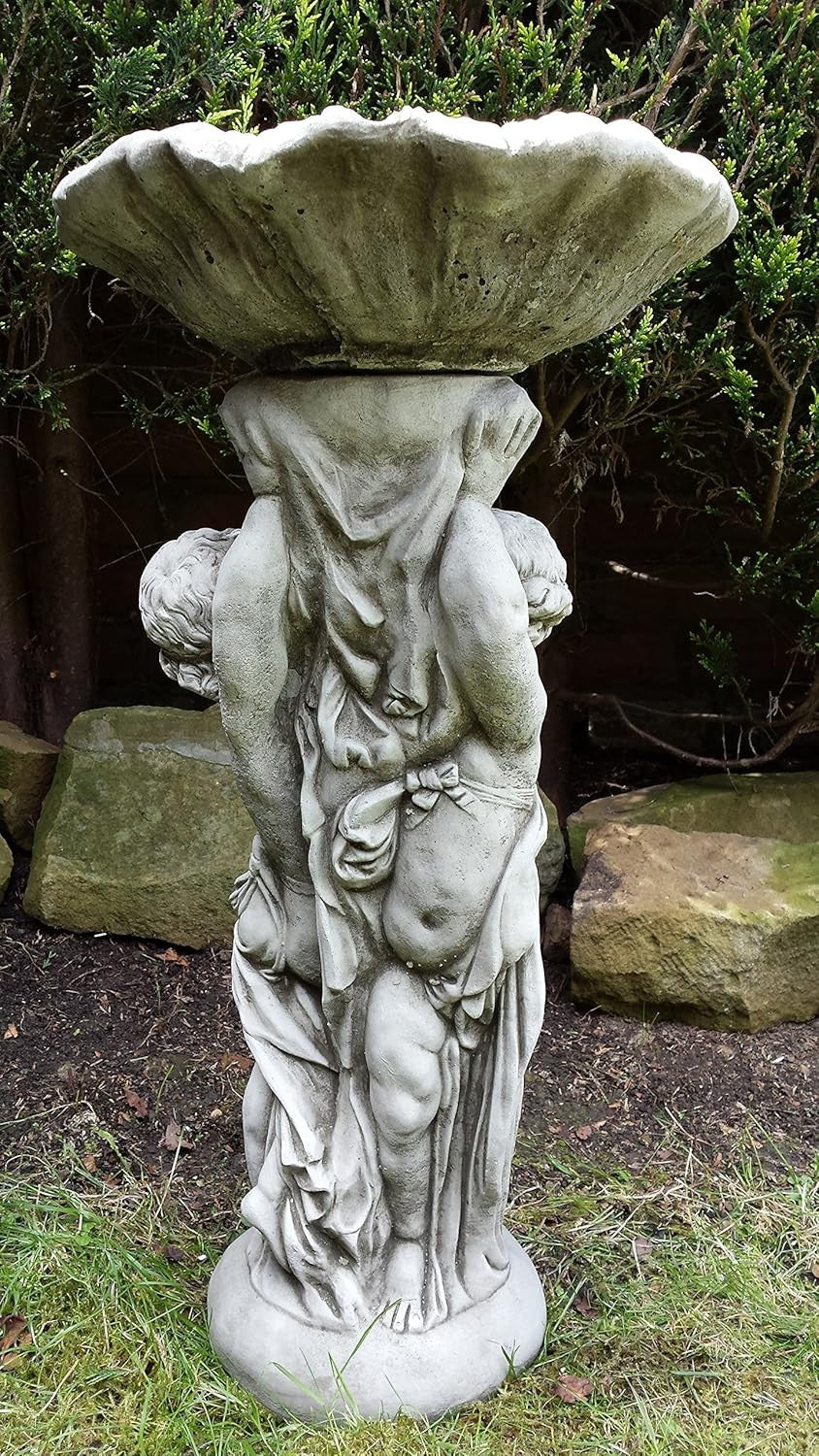 Twin Cherub Stone Bird Bath Feeder Ornament Garden Sculpture Antique Design