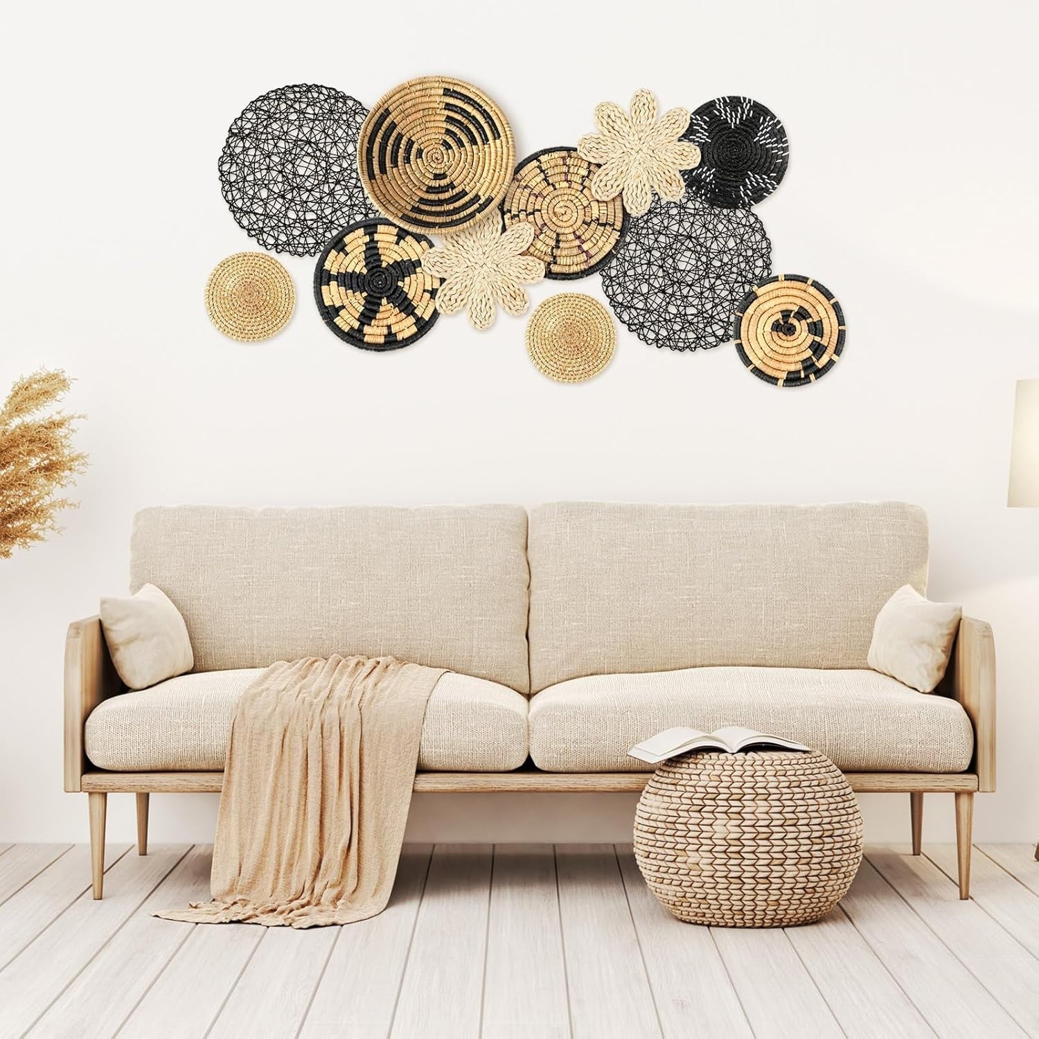 Boho Wall Basket Decor Set 11pcs – Rustic Bulrush Woven Round CLR