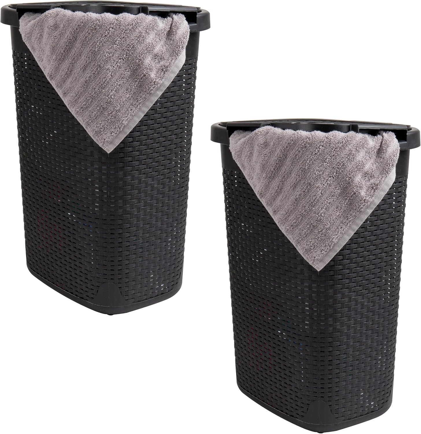 Set of 2 Slim 60L Laundry Hampers with Lids Ventilated Basket & Cut-Out Handles