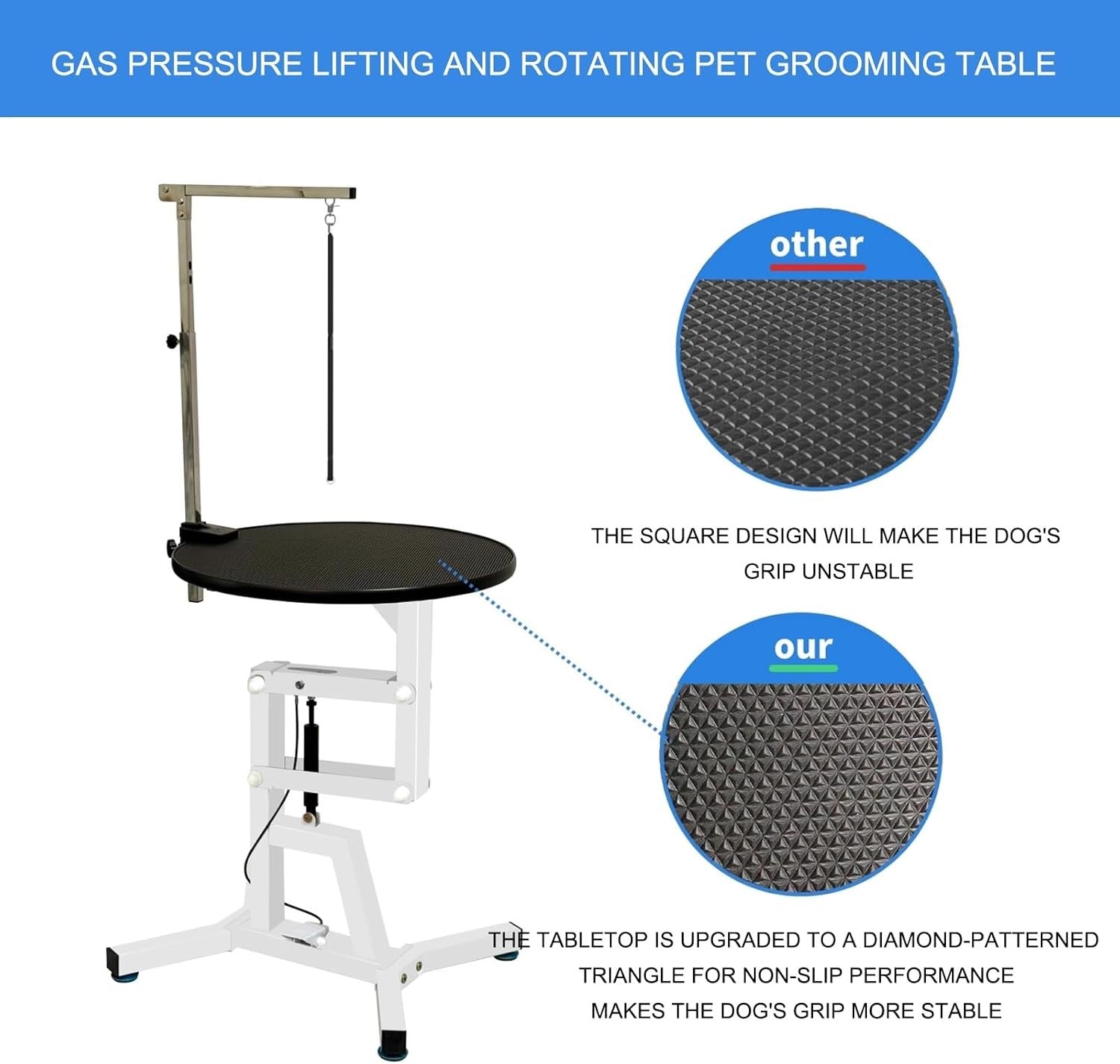 Heavy Duty Dog Grooming Table Height Adjustable Round Non-Slip with Arm