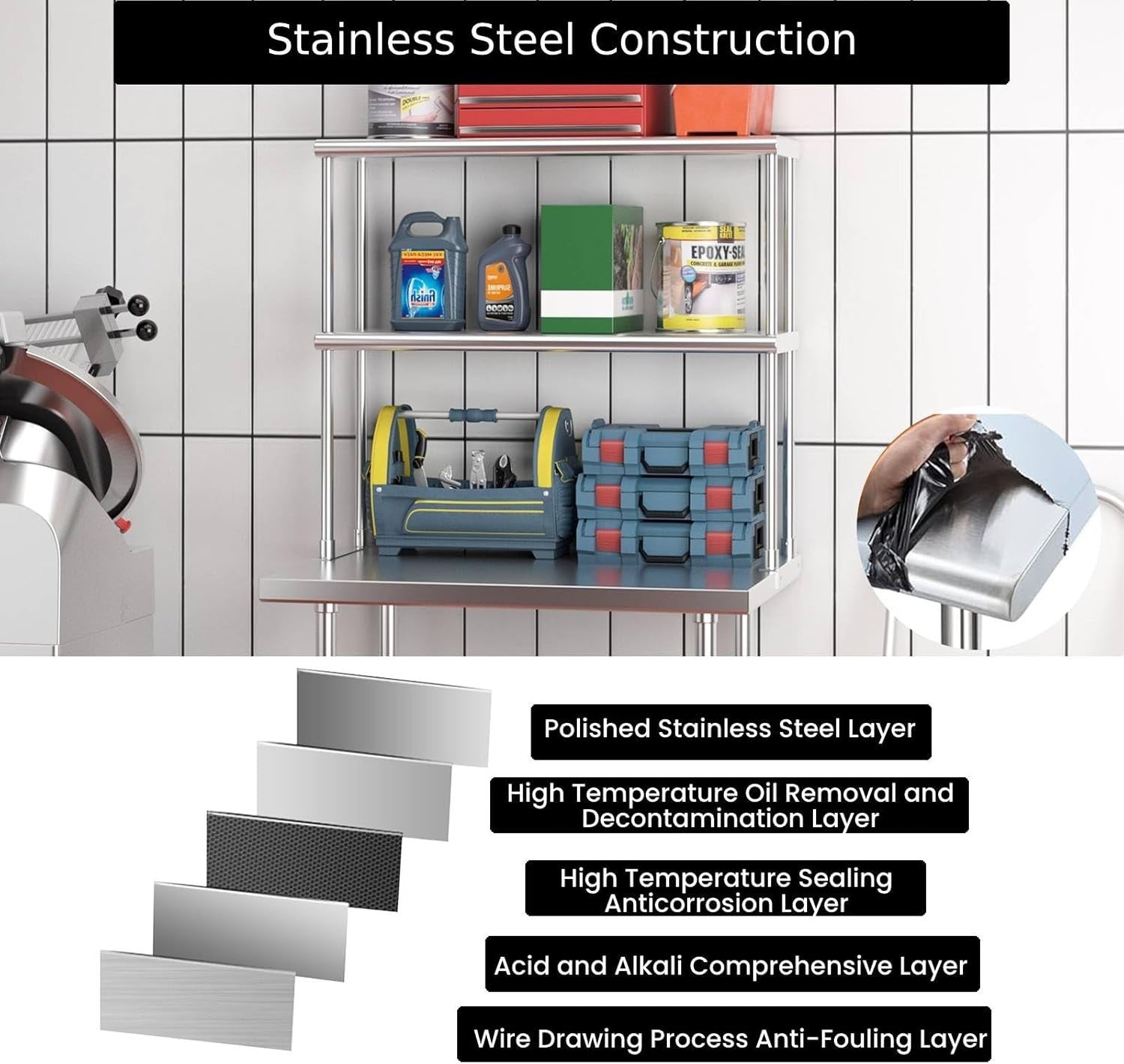 Stainless Steel Overshelf 92x30x85cm 2-Tier Adjustable Prep Table Heavy Duty
