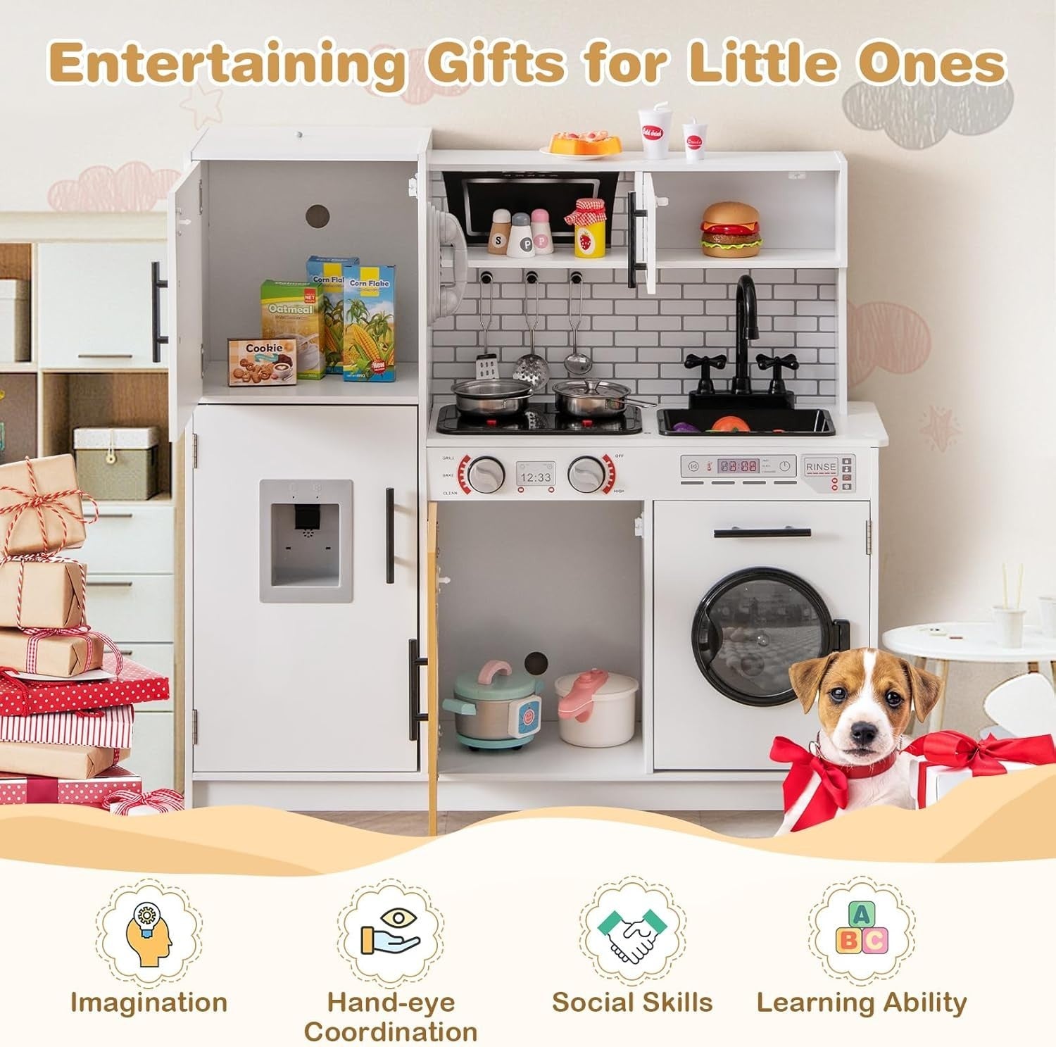 Wooden Kids Play Kitchen Lights Sounds Washer Microwave White Toy