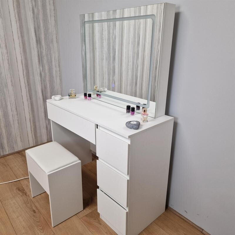 LED Vanity Dressing Table with Mirror & Stool, Makeup Desk w/ Drawers