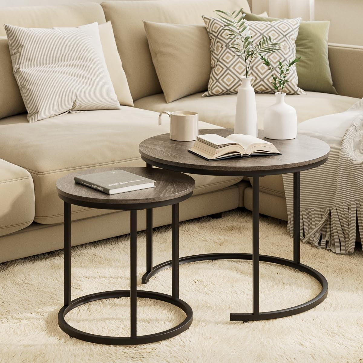 Round Nesting Coffee Tables Set of 2 – Grey Top Black Frame, Space-Saving