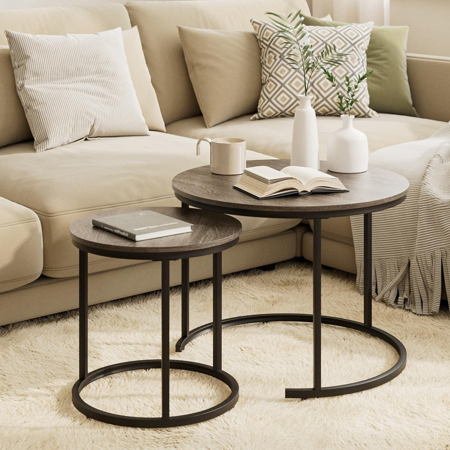 Round Nesting Coffee Tables Set of 2 – Grey Top Black Frame, Space-Saving