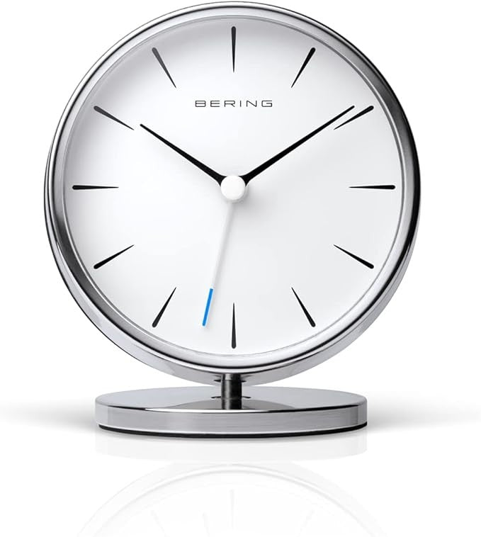 Silver Minimalist Analogue Alarm Clock Silent Quartz Modern Table