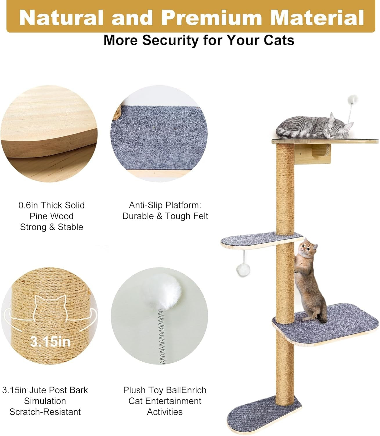 Wall Mounted Cat Tree 125cm 4 Tier Scratching Post Cat Wall Shelves