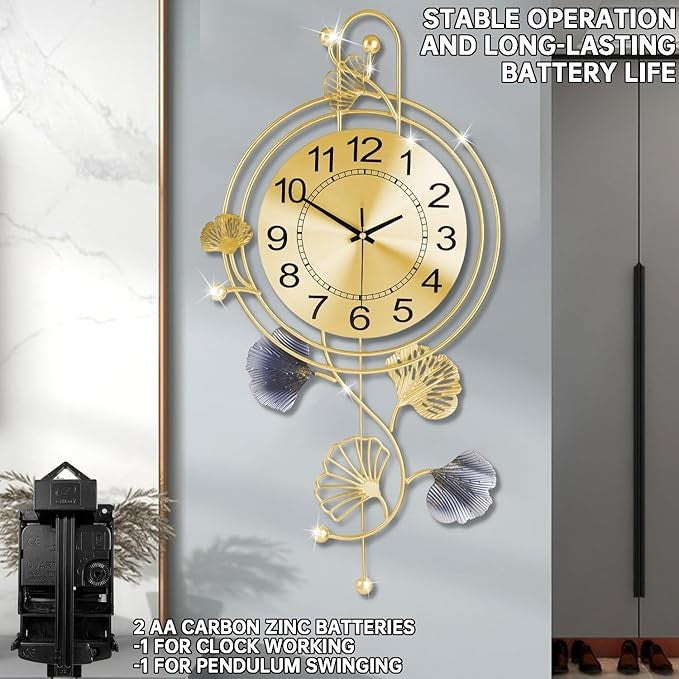 Luxury Gold Metal Wall Clock Silent Pendulum Modern Leaf Design Home Decor