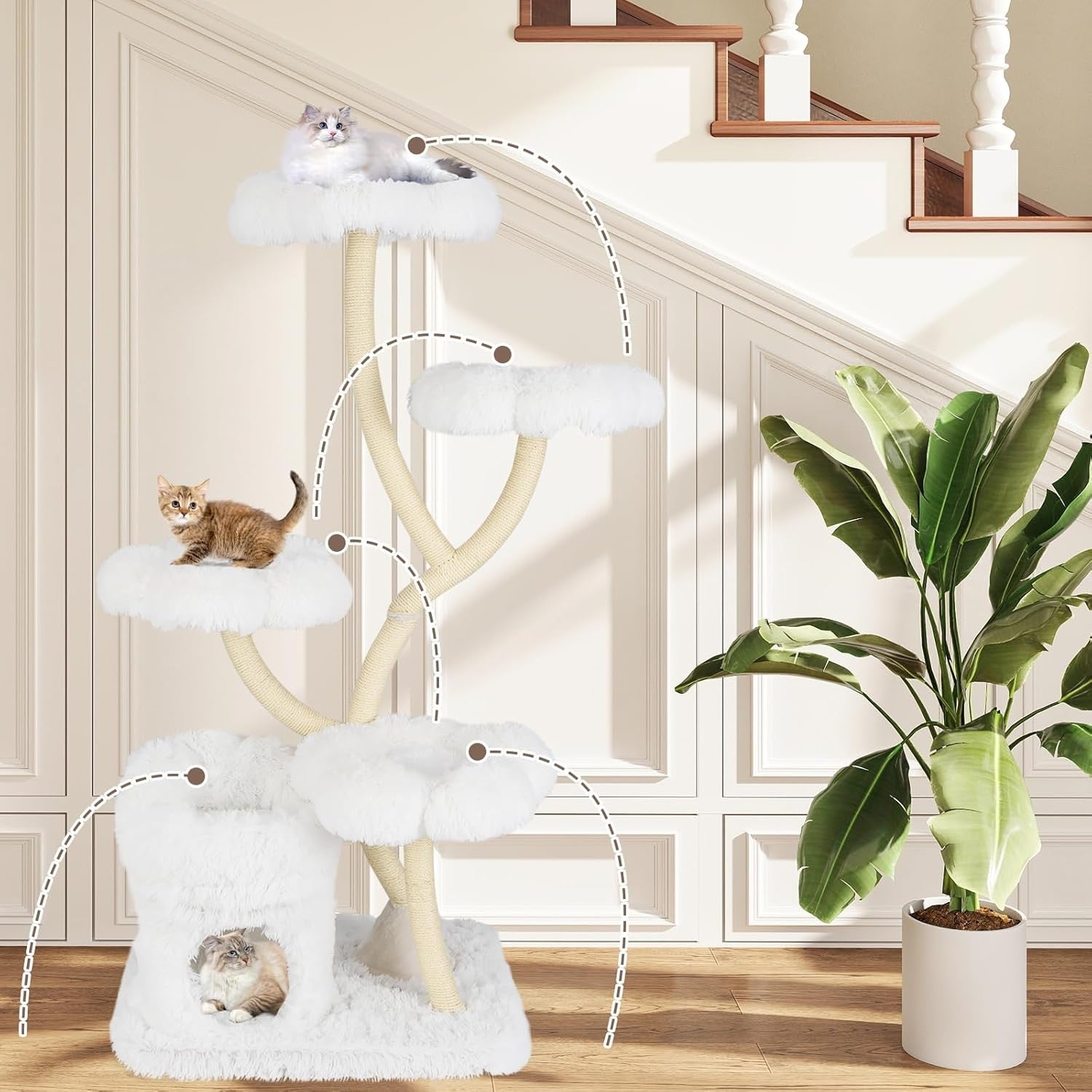162cm White Cat Tree Flower Platforms Condo Sisal Scratching Tower Indoor