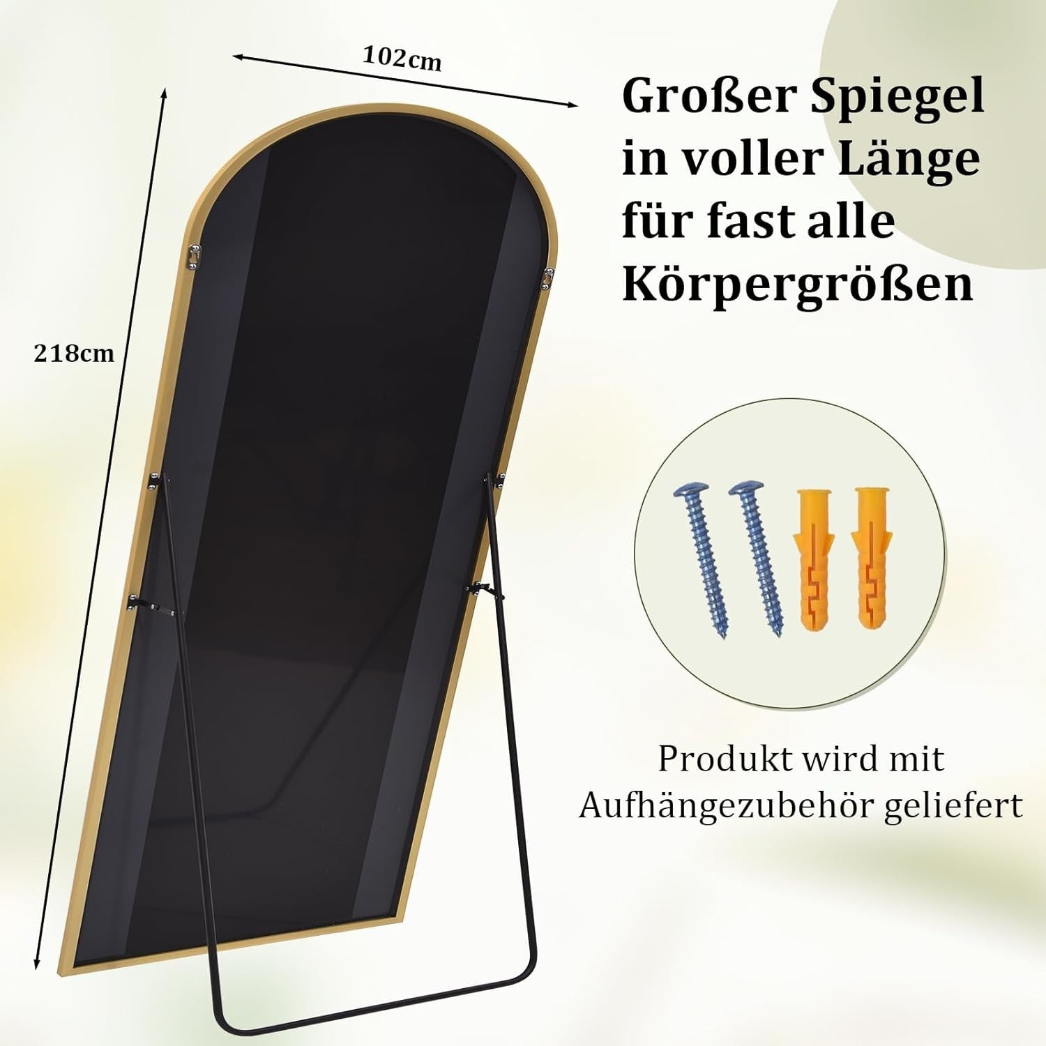 Oversized Full Length Mirror 218x102cm Arch Wall Standing Gold FrameOversized